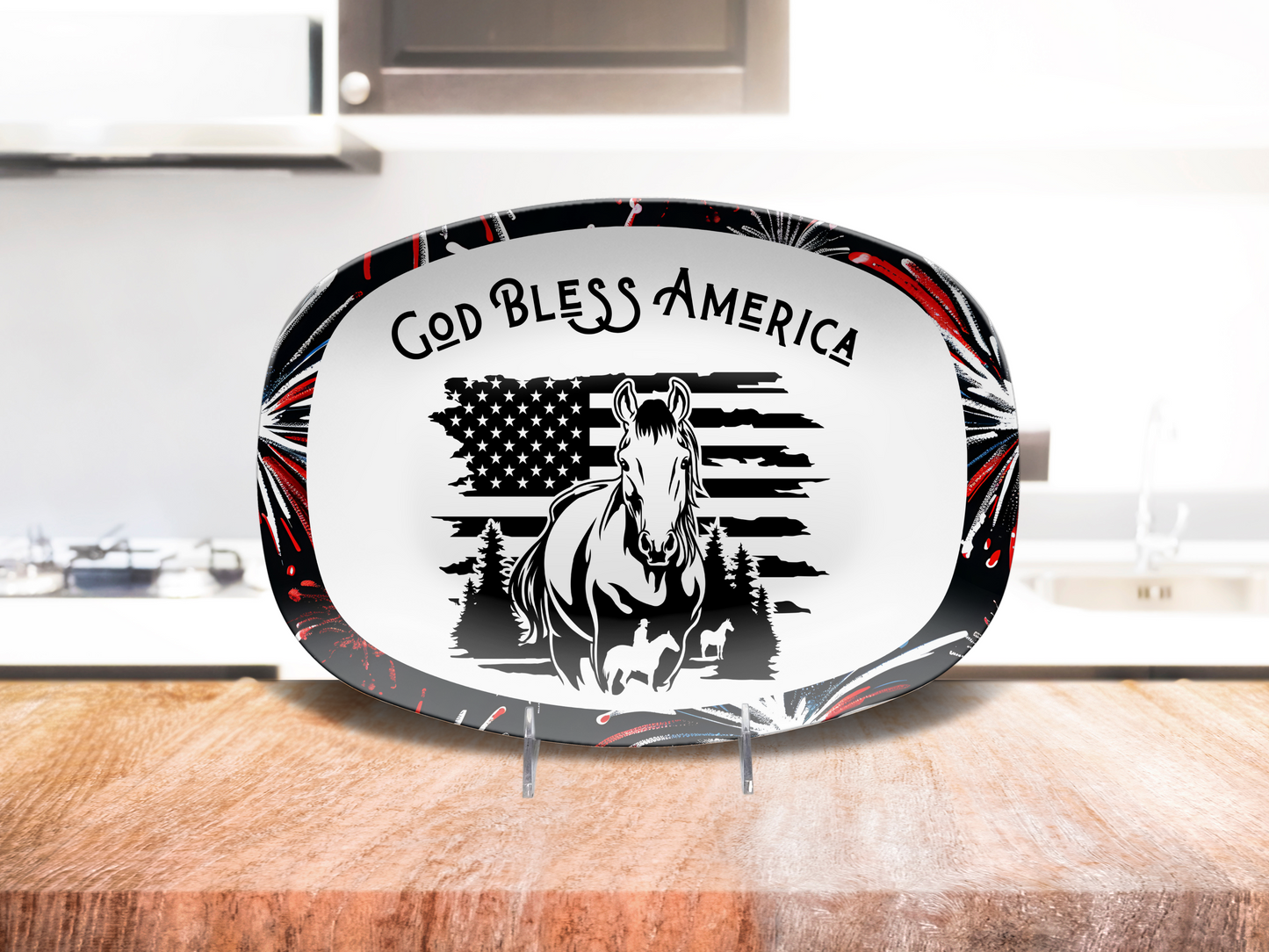 God Bless America Horse Platter, Unbreakable Patriotic Serving Tray Dinnerware, 4th of July Celebration, Ranch Cookouts, Farmhouse Platter