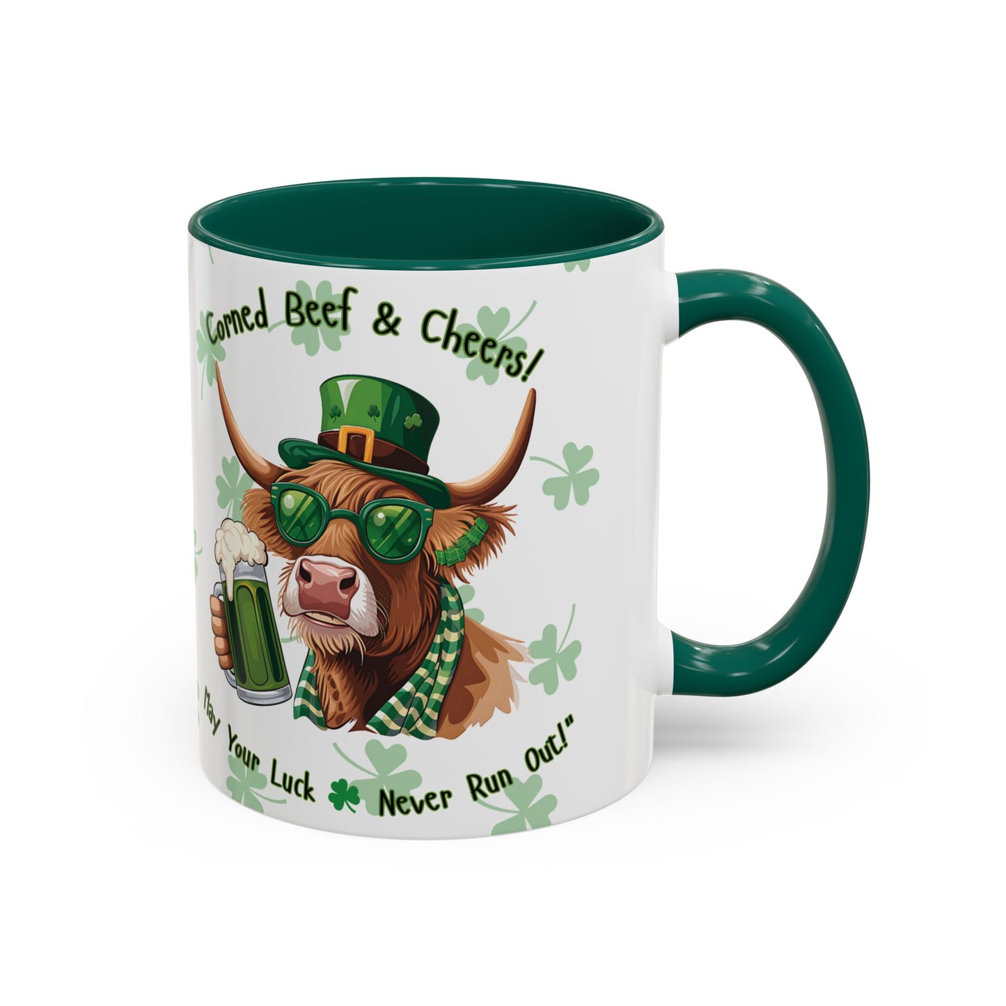 St. Patrick's Day Highlander Cow Mug - Lucky Cheers Coffee Cup Corned Beef, May Your Luck Never Run Out