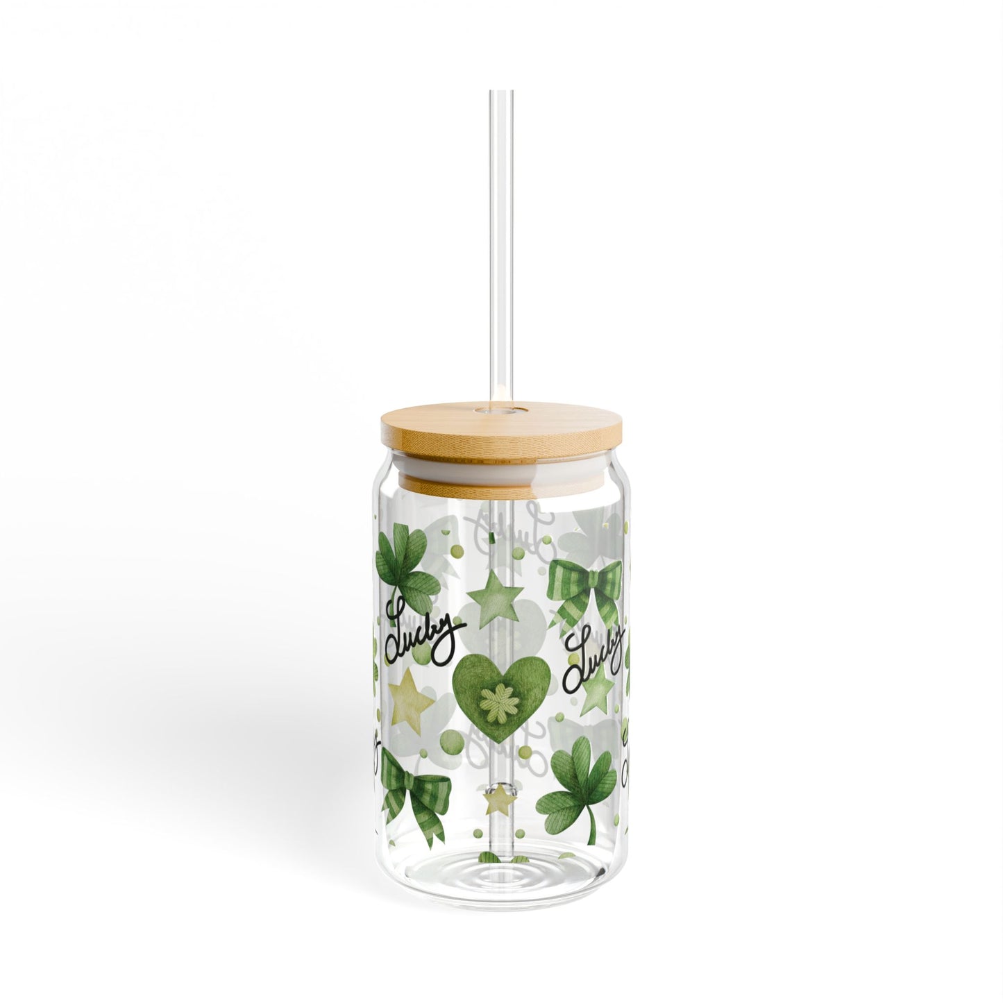 Lucky Shamrock Sipper Glass, 16oz - St. Patrick's Day Gift, Green Bows, Hearts, Irish Coffee Mug, Clover Pattern, Celebrate the Day