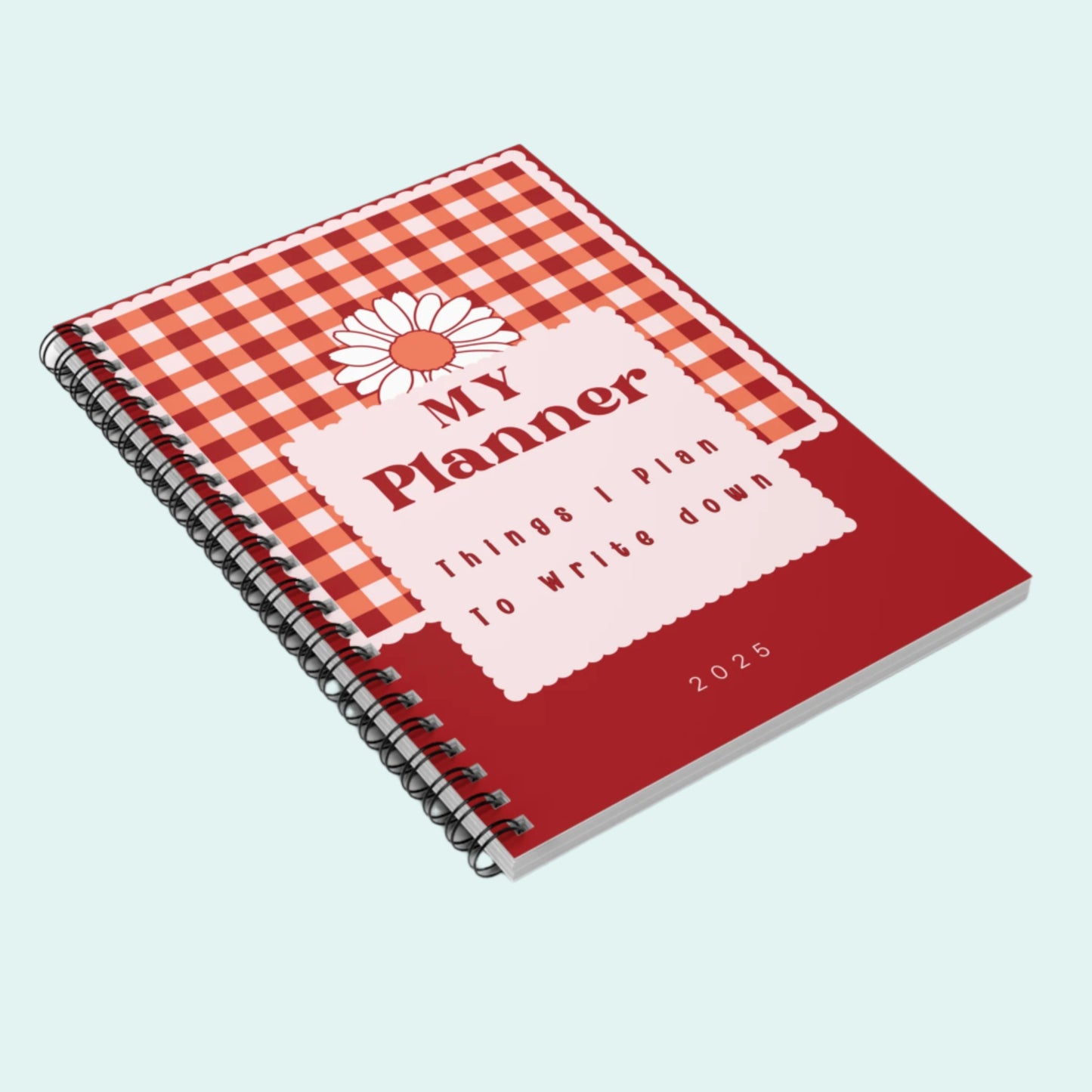My Planner Spiral Notebook – Cute Red Gingham Daisy Cover, Lined Journal, Gift for Mom, Fun Writing Notebook, Organizer, Personalized