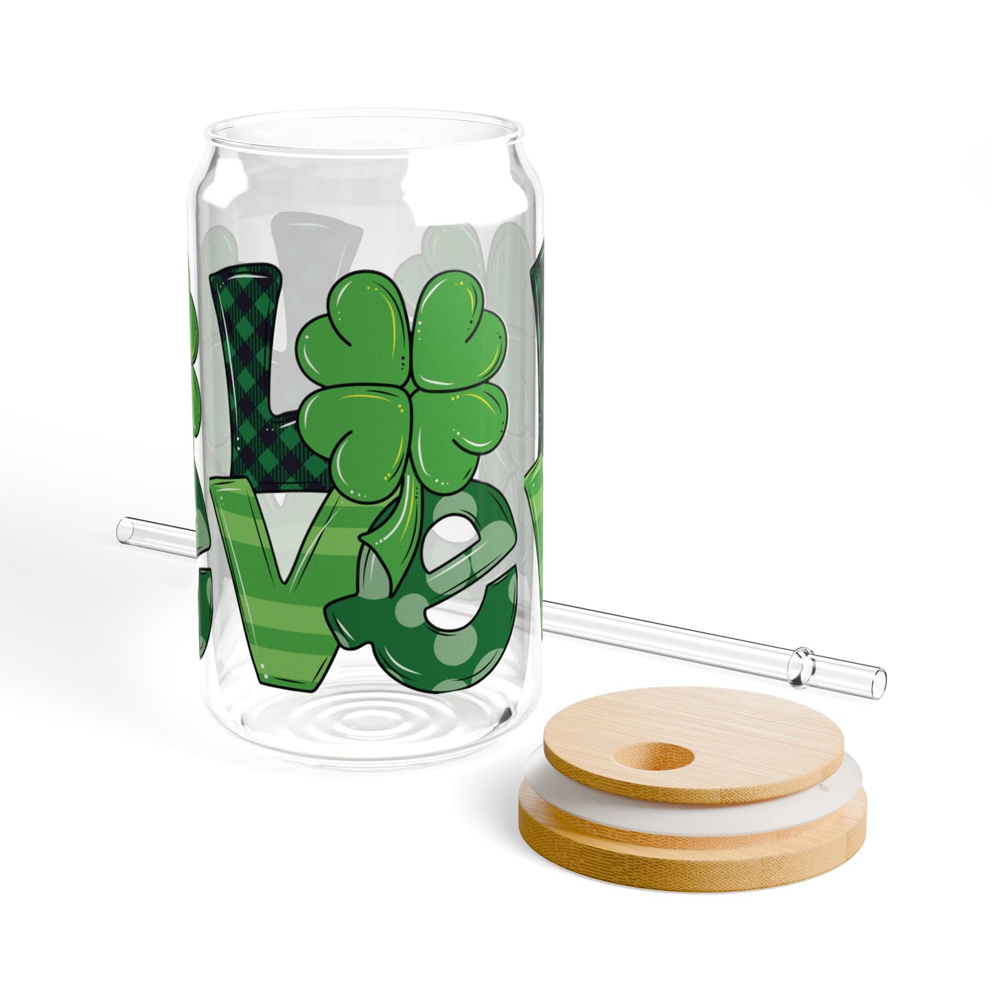 16oz St. Patrick's Day Sipper Glass with Clover Design "LOVE"