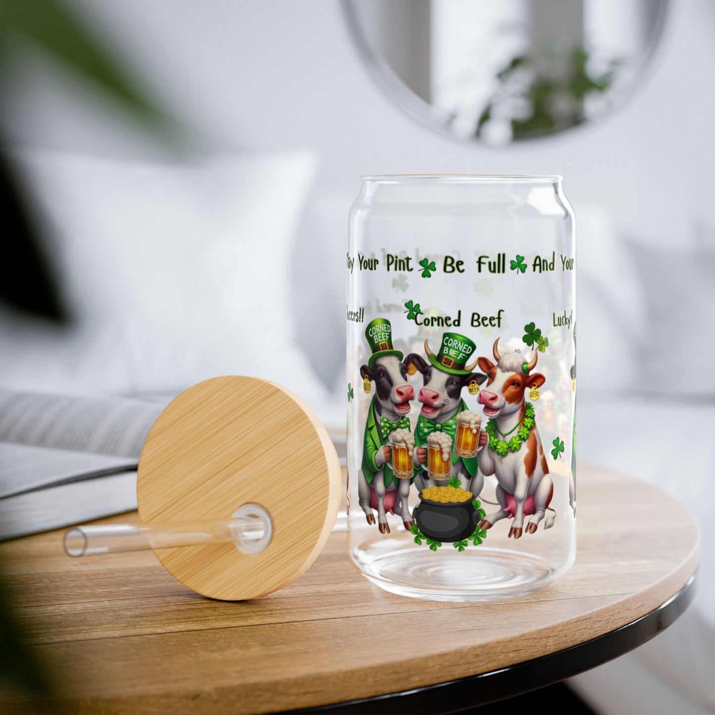 Sipper Glass, 16oz - St Patrick's Day Corned Beef Cows Beer Mug, Luck Theme, Drinkware, Cheers Glass, Shamrock Decor