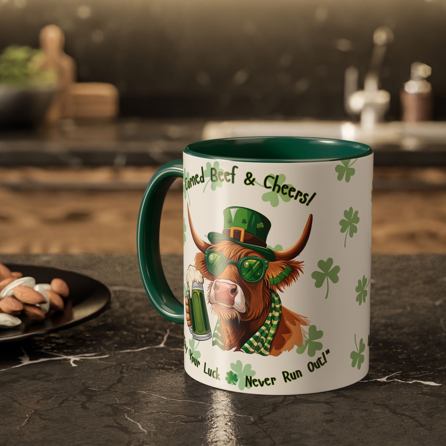 St. Patrick's Day Highlander Cow Mug - Lucky Cheers Coffee Cup Corned Beef, May Your Luck Never Run Out