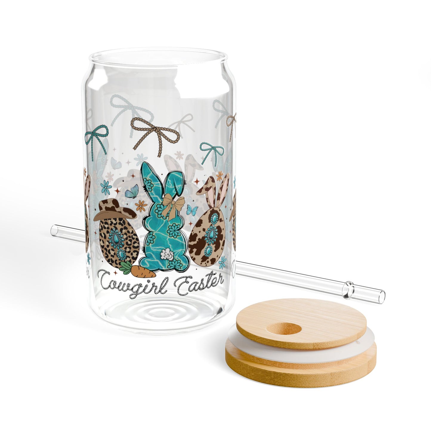 Cowgirl Easter 16 oz Glass Can with Straw – Turquoise Bunny, Rope Bows, Cow Print Eggs & Western Charm