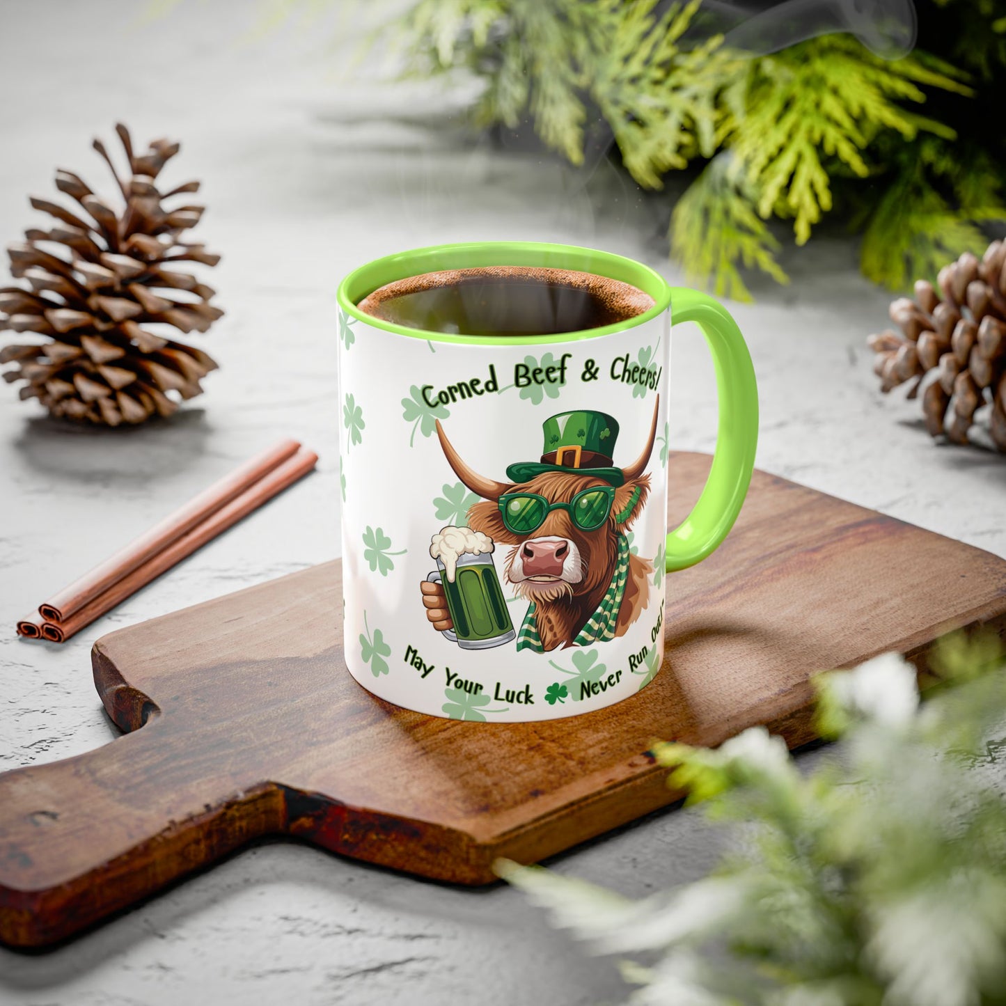 St. Patrick's Day Highlander Cow Mug - Lucky Cheers Coffee Cup Corned Beef, May Your Luck Never Run Out