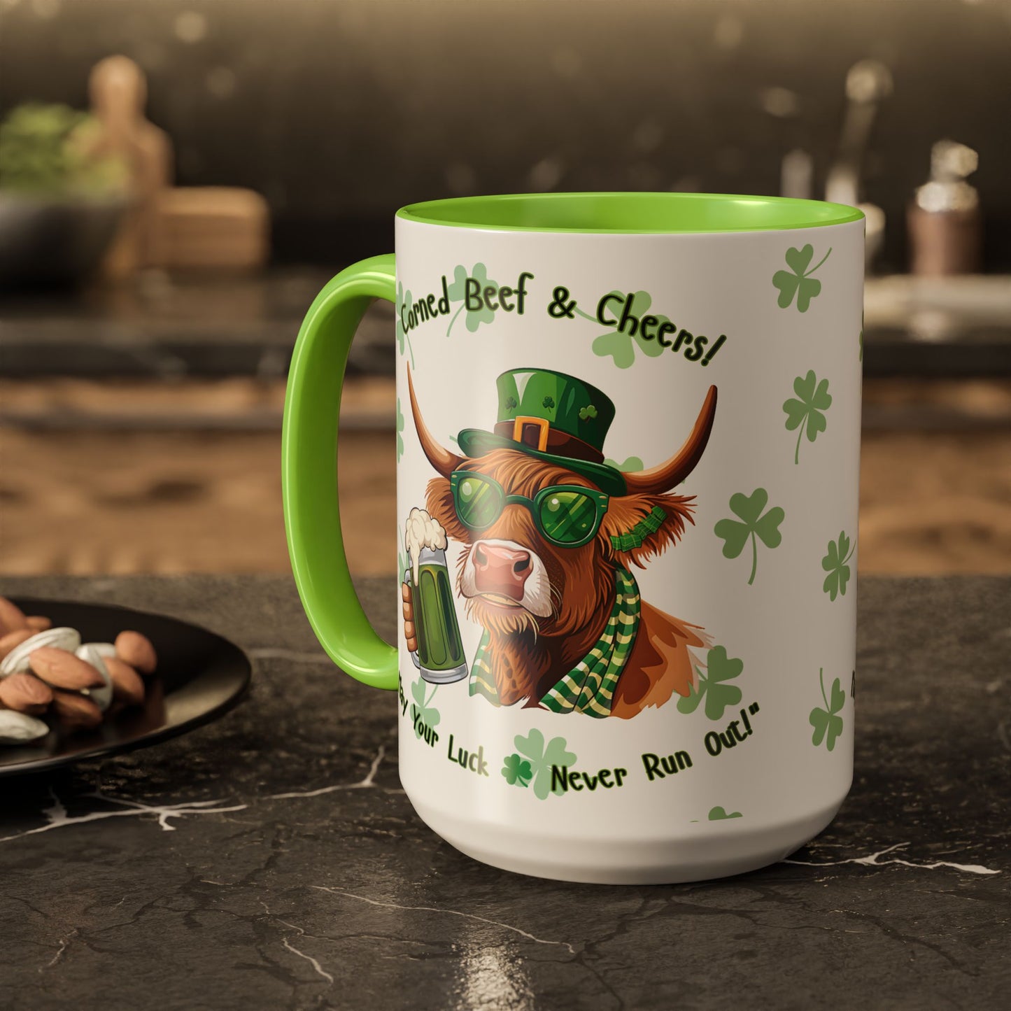 St. Patrick's Day Highlander Cow Mug - Lucky Cheers Coffee Cup Corned Beef, May Your Luck Never Run Out