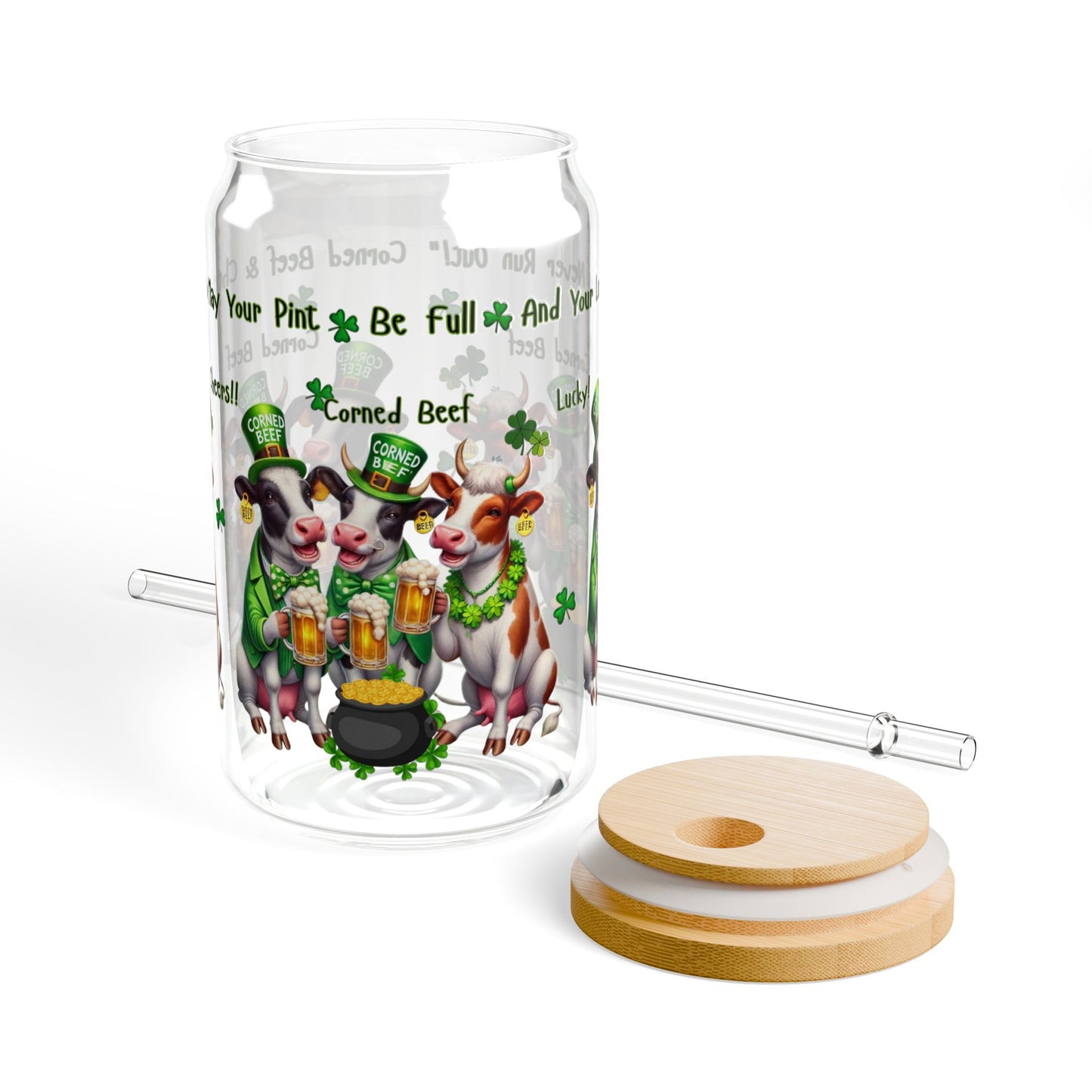 Sipper Glass, 16oz - St Patrick's Day Corned Beef Cows Beer Mug, Luck Theme, Drinkware, Cheers Glass, Shamrock Decor