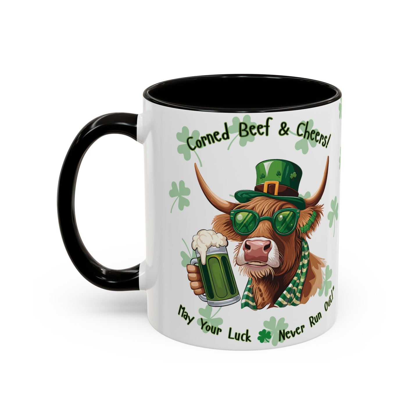 St. Patrick's Day Highlander Cow Mug - Lucky Cheers Coffee Cup Corned Beef, May Your Luck Never Run Out