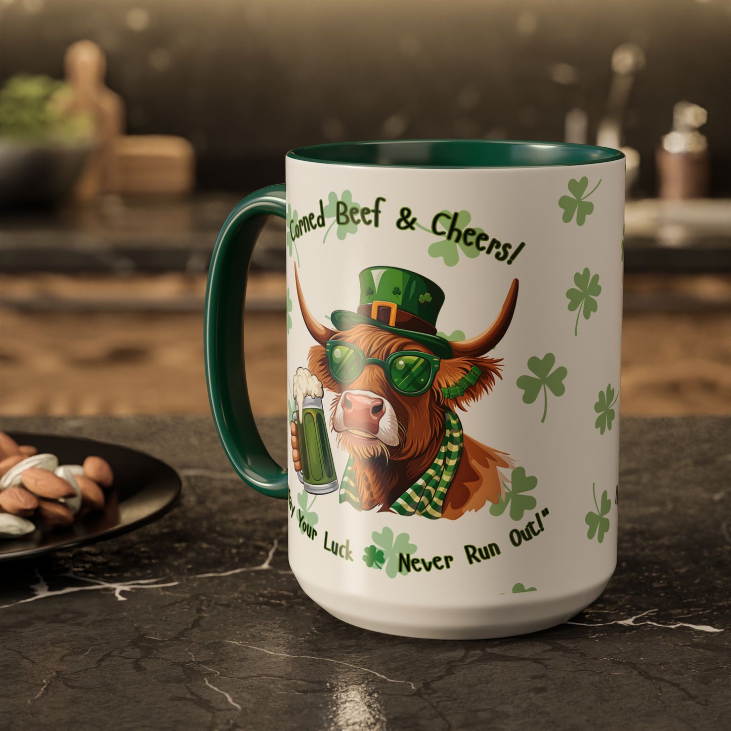 St. Patrick's Day Highlander Cow Mug - Lucky Cheers Coffee Cup Corned Beef, May Your Luck Never Run Out