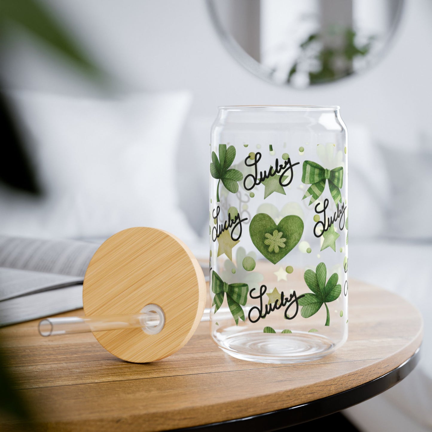 Lucky Shamrock Sipper Glass, 16oz - St. Patrick's Day Gift, Green Bows, Hearts, Irish Coffee Mug, Clover Pattern, Celebrate the Day