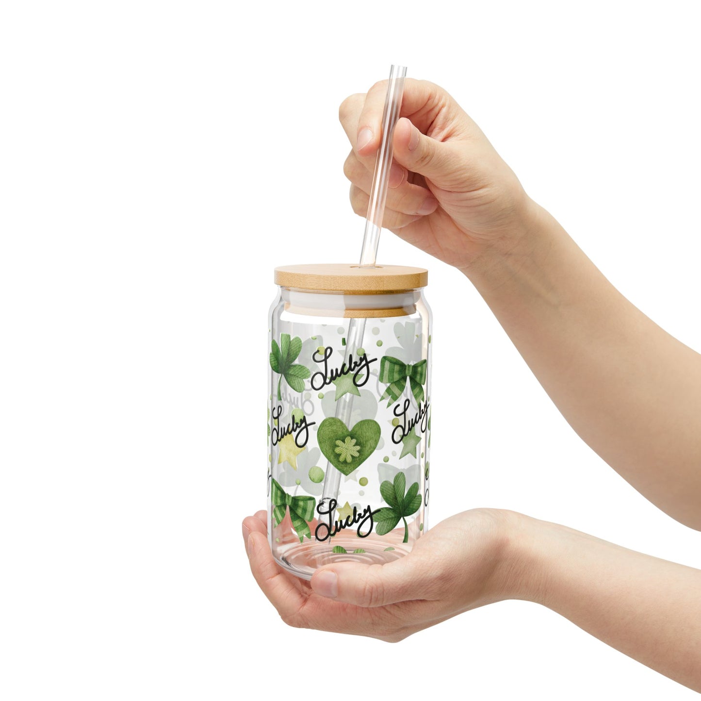 Lucky Shamrock Sipper Glass, 16oz - St. Patrick's Day Gift, Green Bows, Hearts, Irish Coffee Mug, Clover Pattern, Celebrate the Day