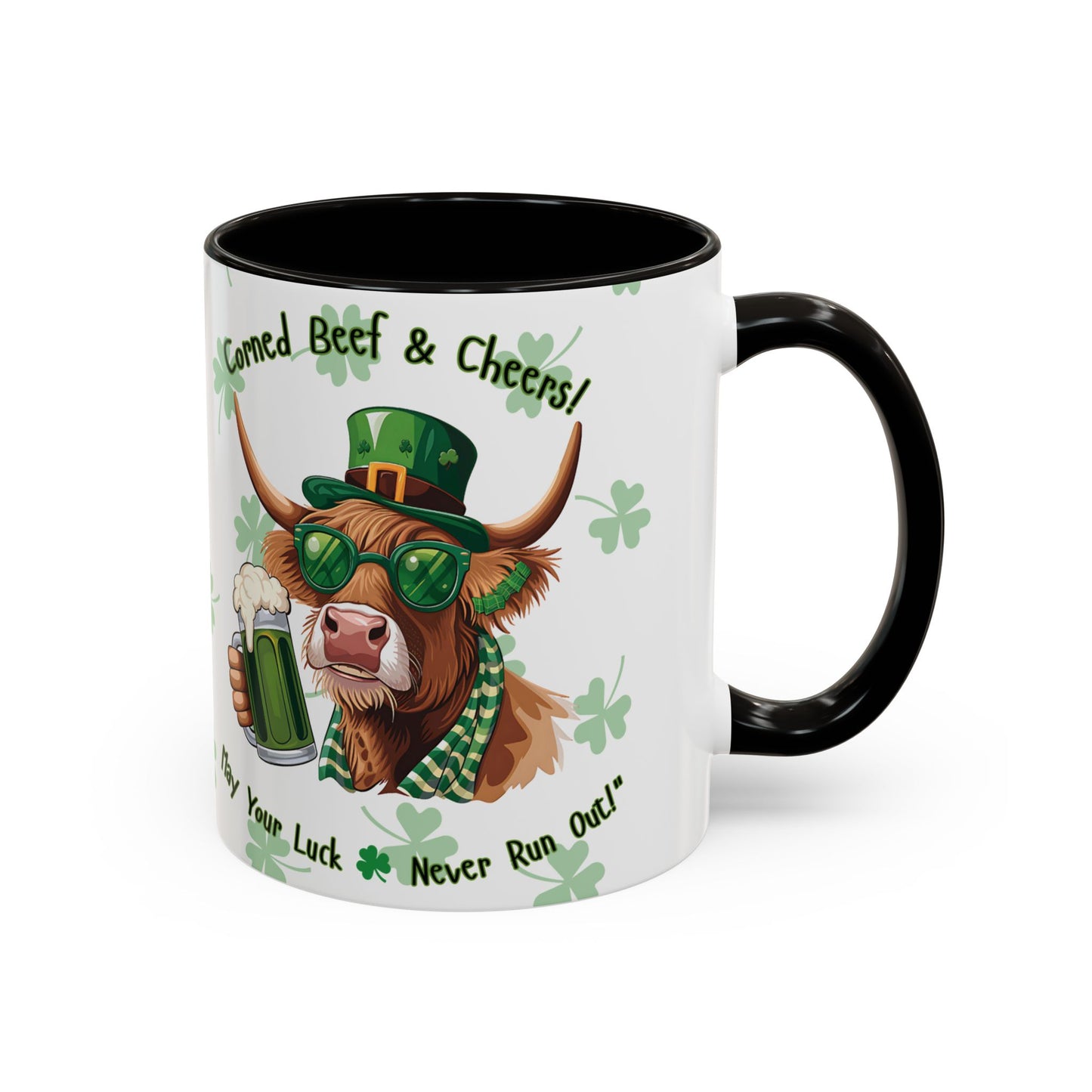 St. Patrick's Day Highlander Cow Mug - Lucky Cheers Coffee Cup Corned Beef, May Your Luck Never Run Out
