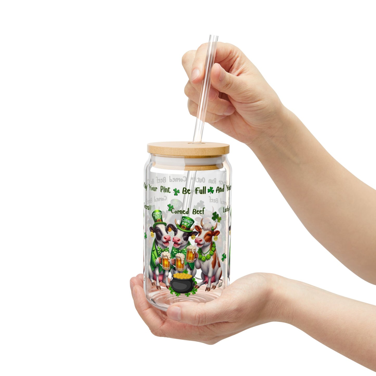 Sipper Glass, 16oz - St Patrick's Day Corned Beef Cows Beer Mug, Luck Theme, Drinkware, Cheers Glass, Shamrock Decor