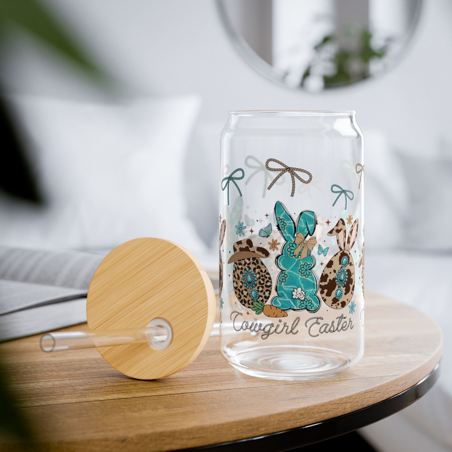 Cowgirl Easter 16 oz Glass Can with Straw – Turquoise Bunny, Rope Bows, Cow Print Eggs & Western Charm