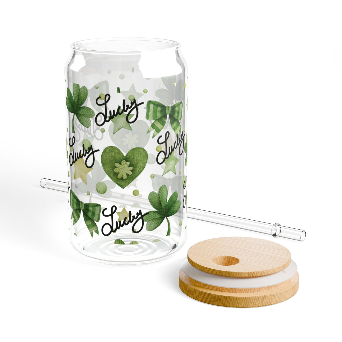 Lucky Shamrock Sipper Glass, 16oz - St. Patrick's Day Gift, Green Bows, Hearts, Irish Coffee Mug, Clover Pattern, Celebrate the Day