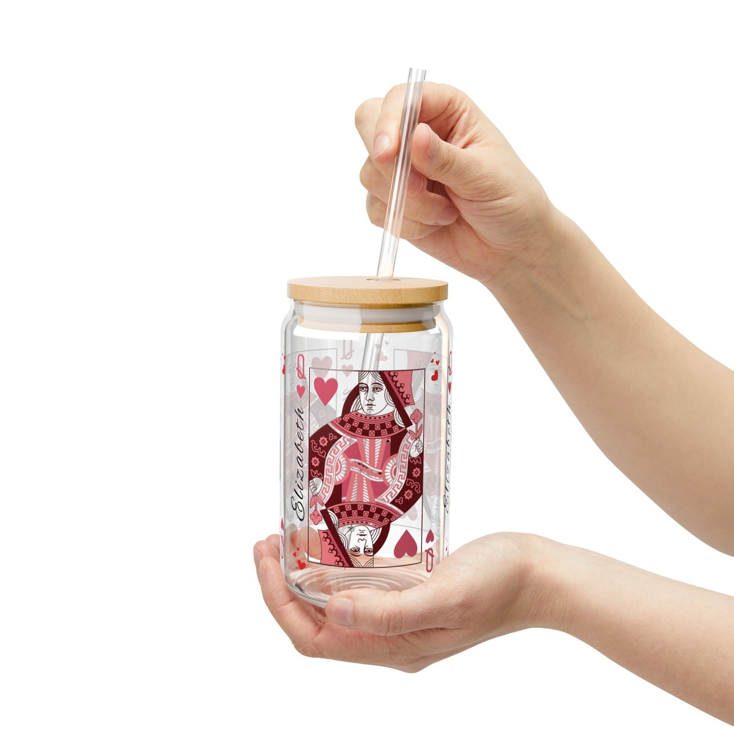 Personalized Queen of Hearts Sipper Glass, 16oz - Custom Playing Card Design, Queen of My Heart - Alternative: Custom Glass Tumbler, Unique