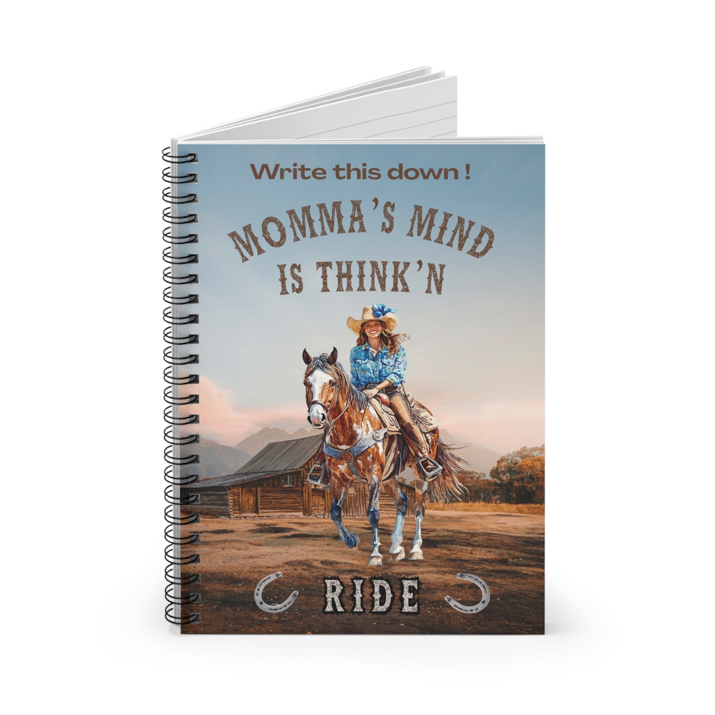 Personalized Western Cowgirl Notebook, Momma's Mind is Thinkn RIDE, spiral lined journal, Rustic horseback design