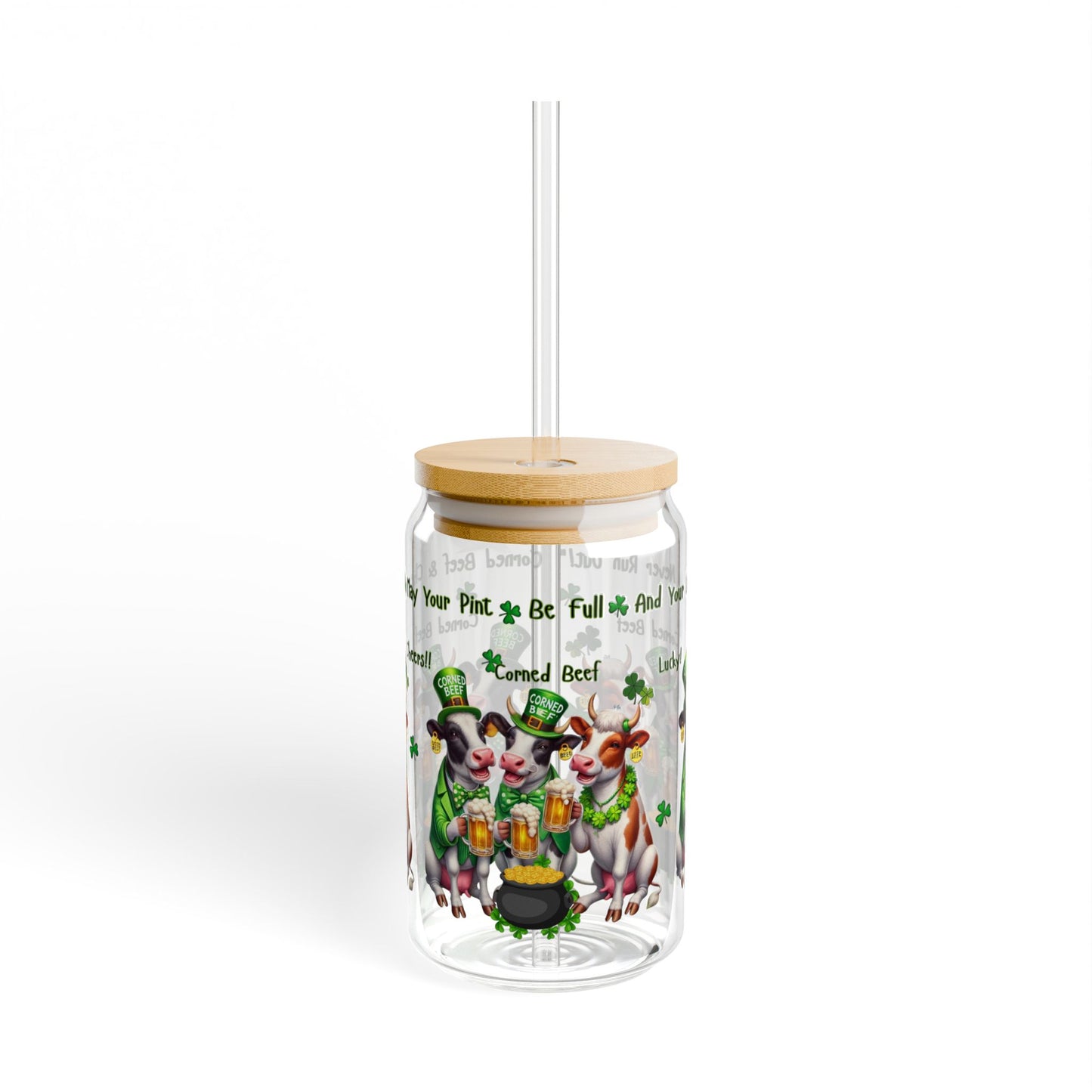 Sipper Glass, 16oz - St Patrick's Day Corned Beef Cows Beer Mug, Luck Theme, Drinkware, Cheers Glass, Shamrock Decor