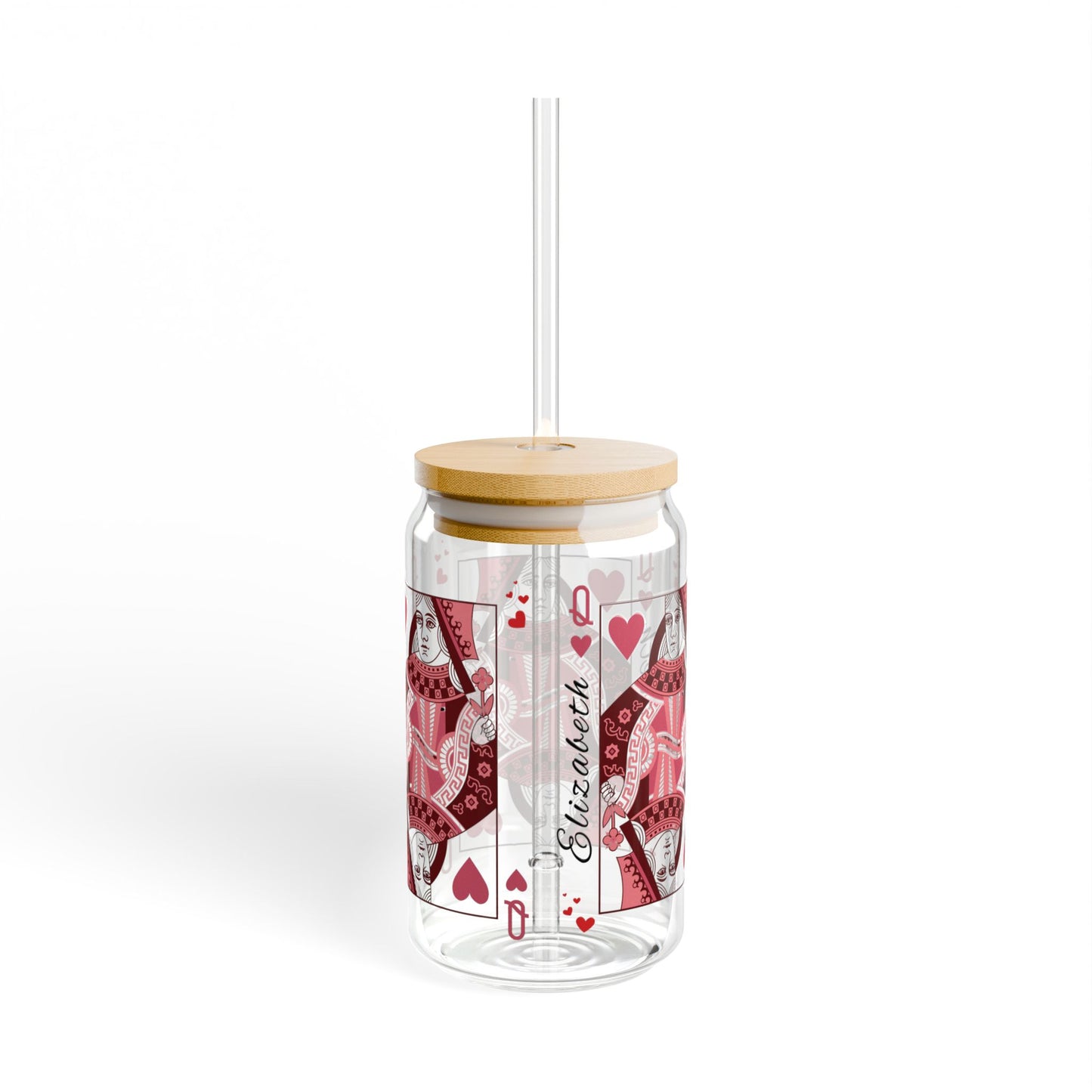 Personalized Queen of Hearts Sipper Glass, 16oz - Custom Playing Card Design, Queen of My Heart - Alternative: Custom Glass Tumbler, Unique