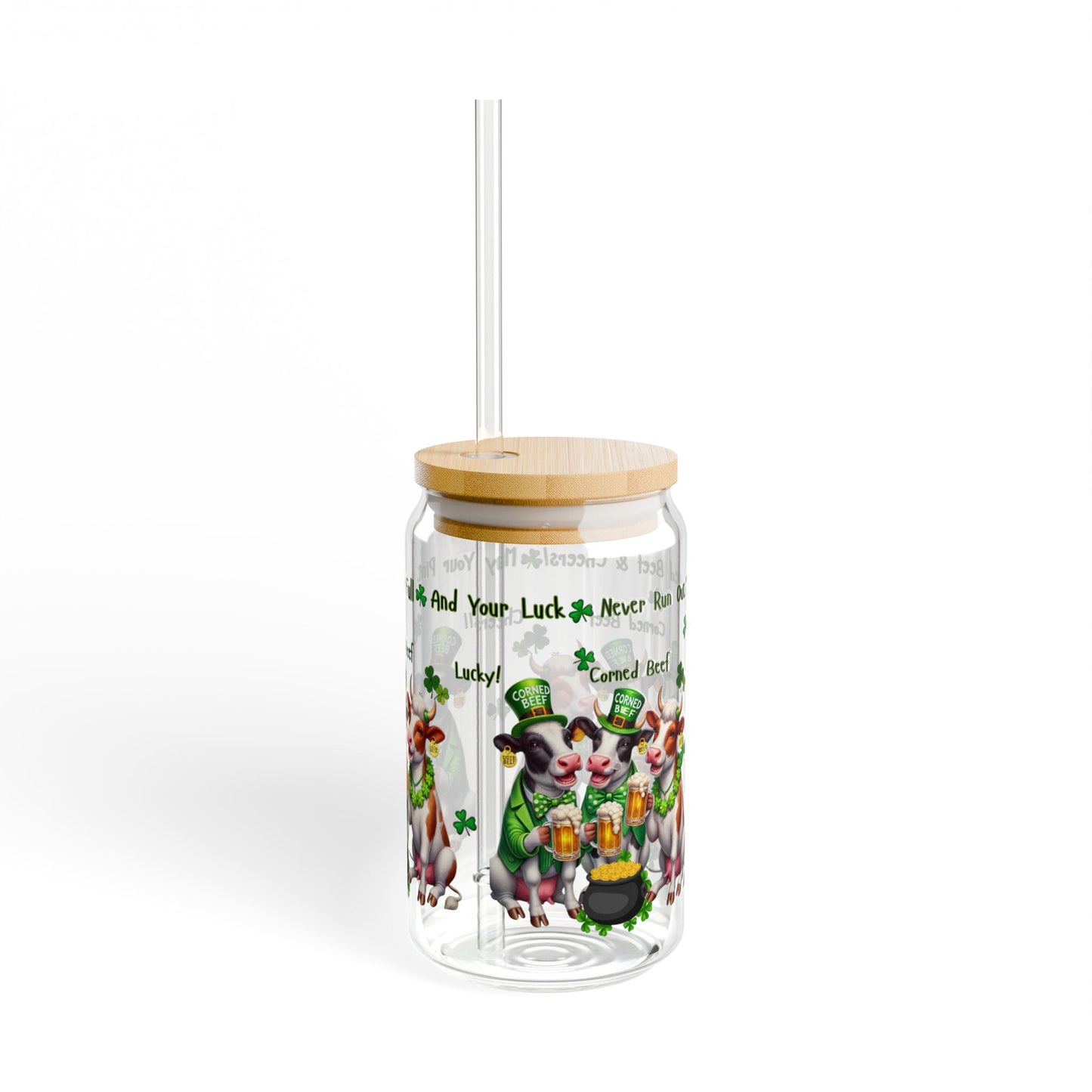 Sipper Glass, 16oz - St Patrick's Day Corned Beef Cows Beer Mug, Luck Theme, Drinkware, Cheers Glass, Shamrock Decor