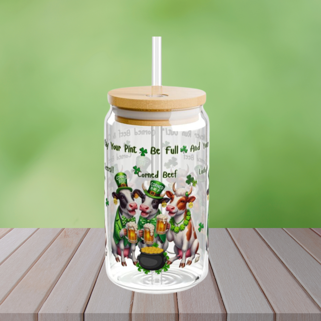 Sipper Glass, 16oz - St Patrick's Day Corned Beef Cows Beer Mug, Luck Theme, Drinkware, Cheers Glass, Shamrock Decor