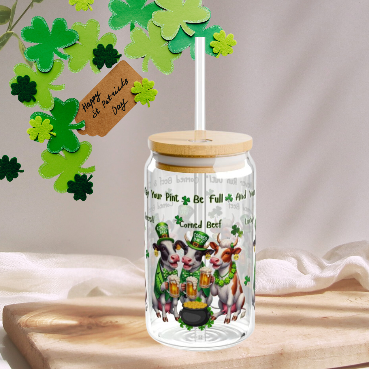 Sipper Glass, 16oz - St Patrick's Day Corned Beef Cows Beer Mug, Luck Theme, Drinkware, Cheers Glass, Shamrock Decor