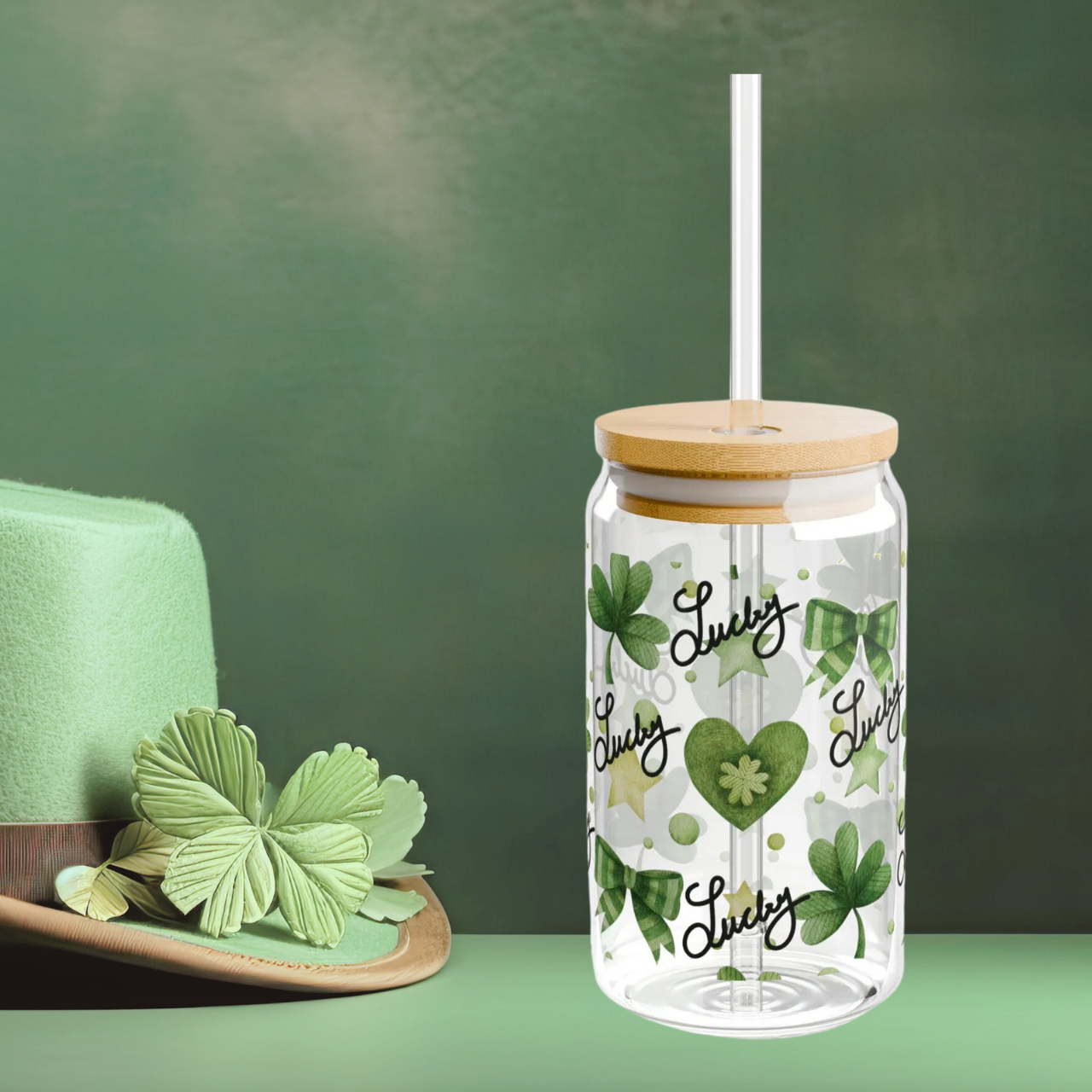 Lucky Shamrock Sipper Glass, 16oz - St. Patrick's Day Gift, Green Bows, Hearts, Irish Coffee Mug, Clover Pattern, Celebrate the Day