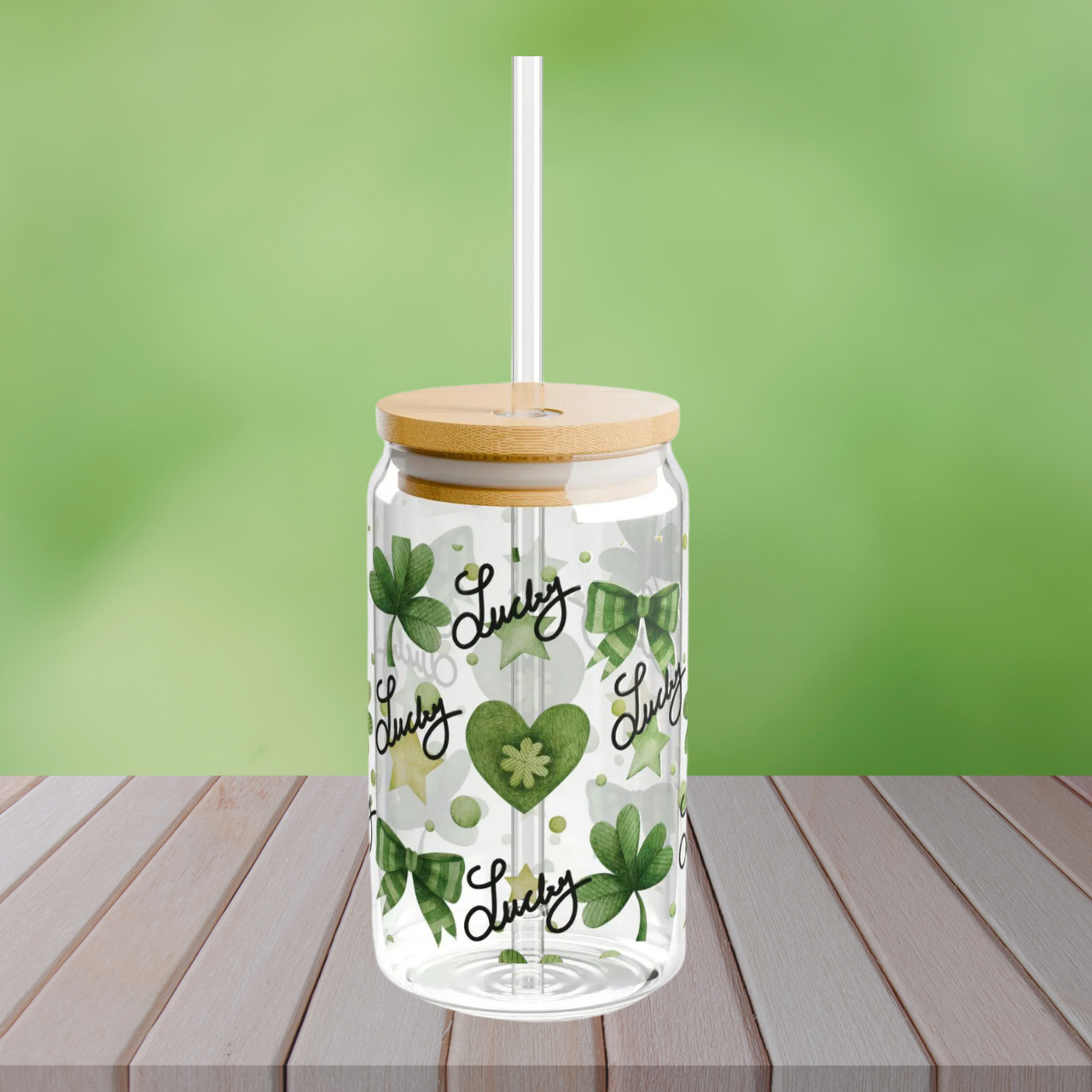 Lucky Shamrock Sipper Glass, 16oz - St. Patrick's Day Gift, Green Bows, Hearts, Irish Coffee Mug, Clover Pattern, Celebrate the Day
