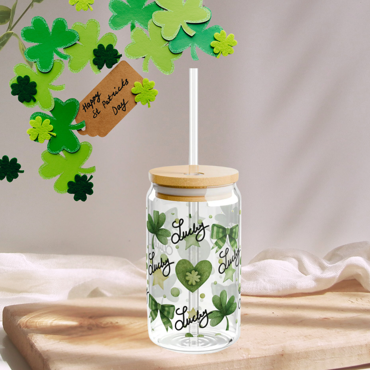 Lucky Shamrock Sipper Glass, 16oz - St. Patrick's Day Gift, Green Bows, Hearts, Irish Coffee Mug, Clover Pattern, Celebrate the Day