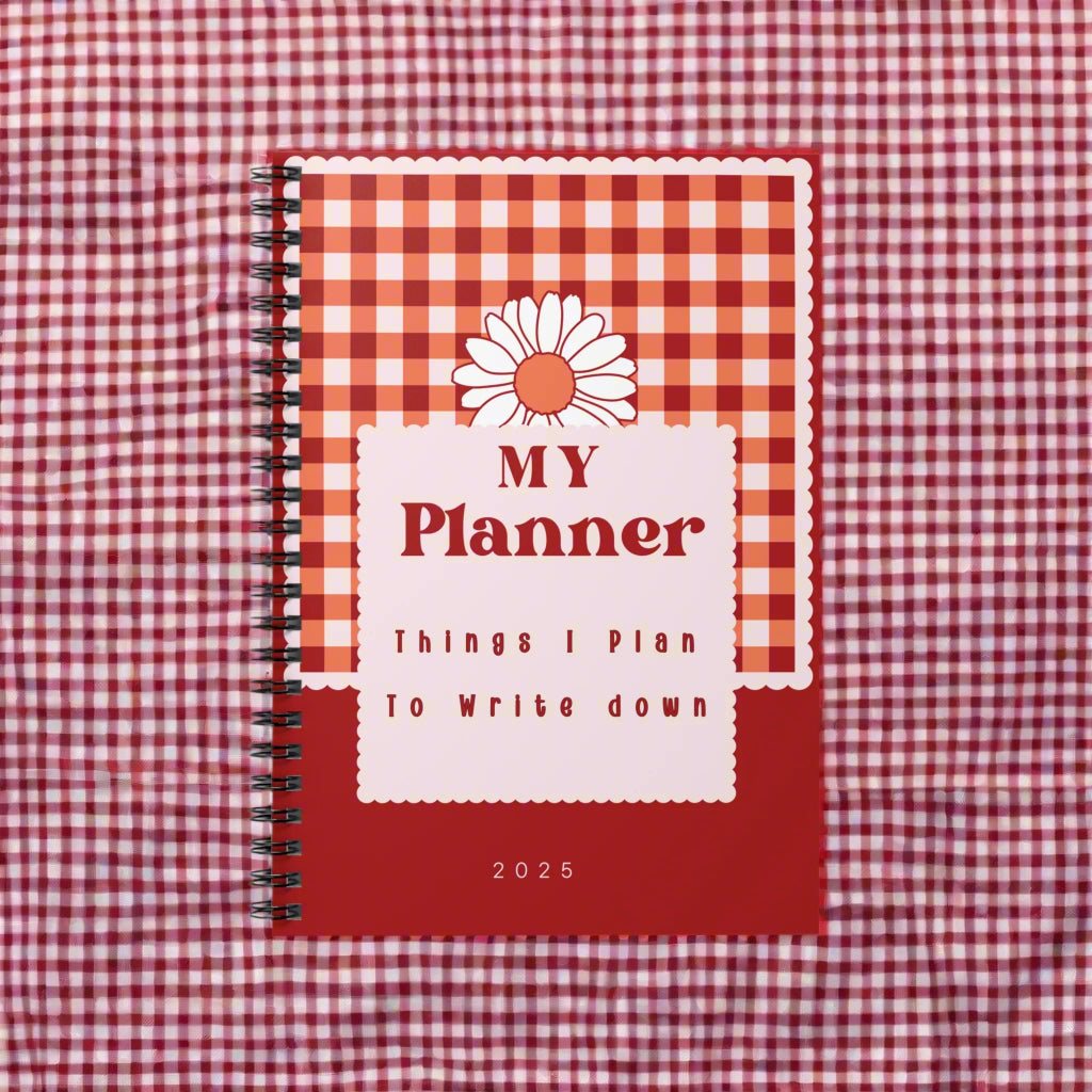 My Planner Spiral Notebook – Cute Red Gingham Daisy Cover, Lined Journal, Gift for Mom, Fun Writing Notebook, Organizer, Personalized