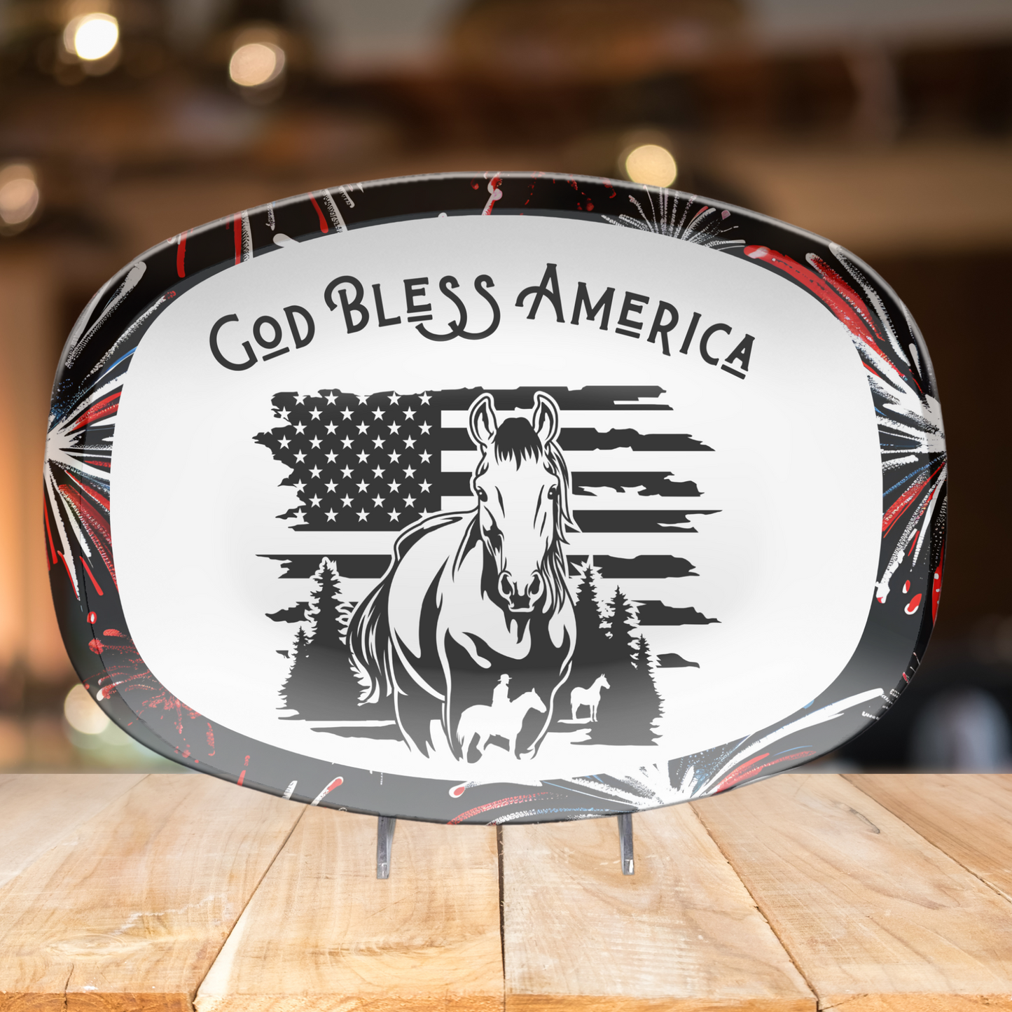 God Bless America Horse Platter, Unbreakable Patriotic Serving Tray Dinnerware, 4th of July Celebration, Ranch Cookouts, Farmhouse Platter