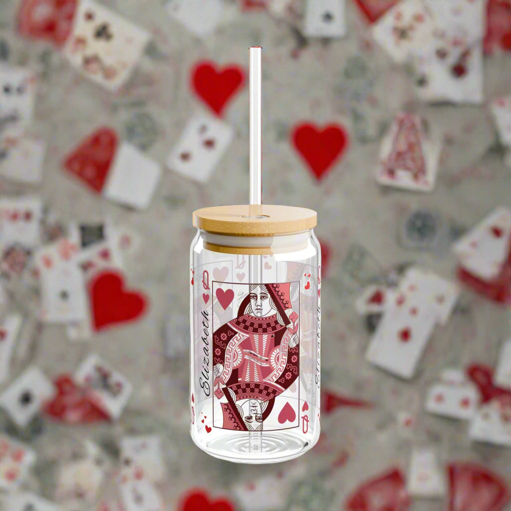 Personalized Queen of Hearts Sipper Glass, 16oz - Custom Playing Card Design, Queen of My Heart - Alternative: Custom Glass Tumbler, Unique