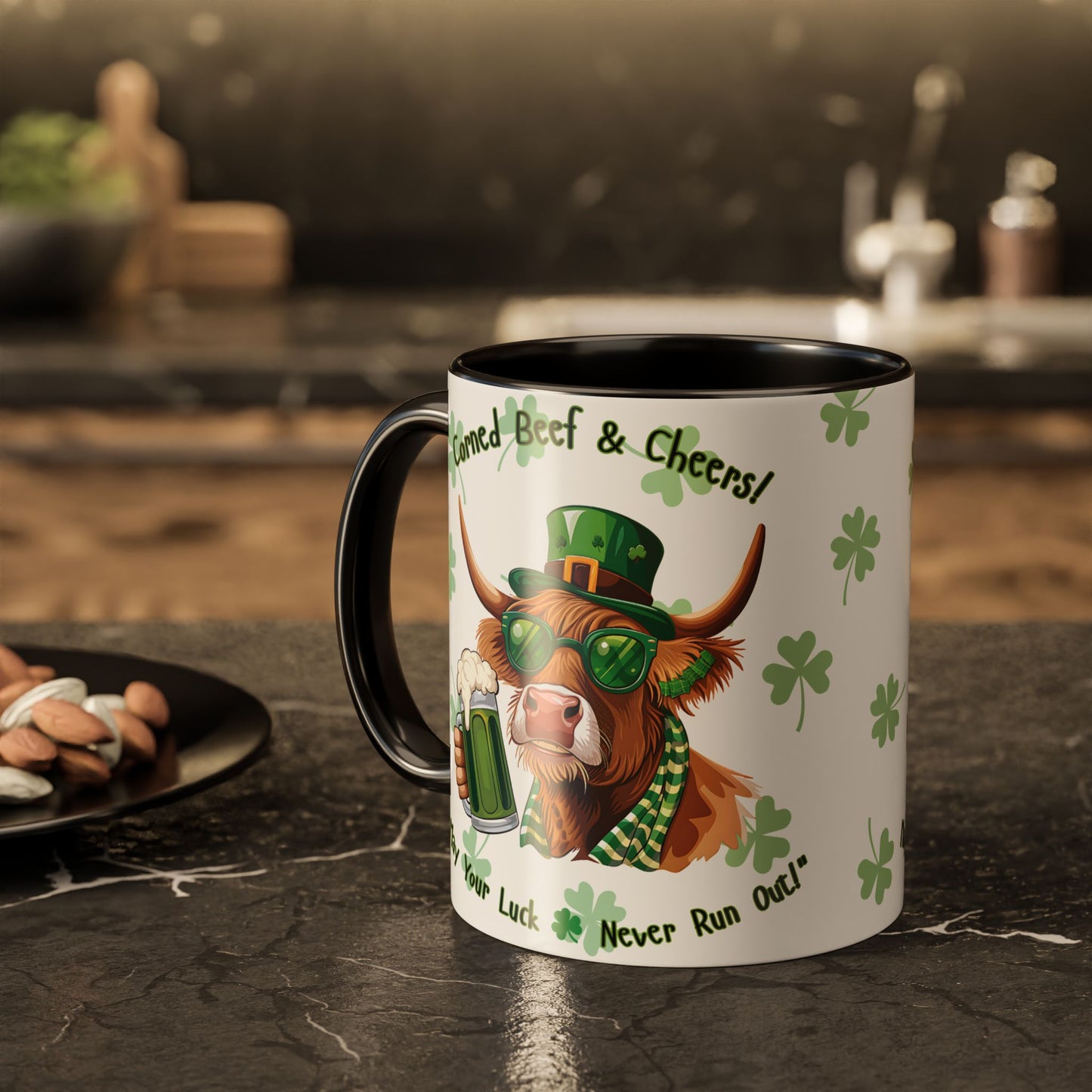 St. Patrick's Day Highlander Cow Mug - Lucky Cheers Coffee Cup Corned Beef, May Your Luck Never Run Out