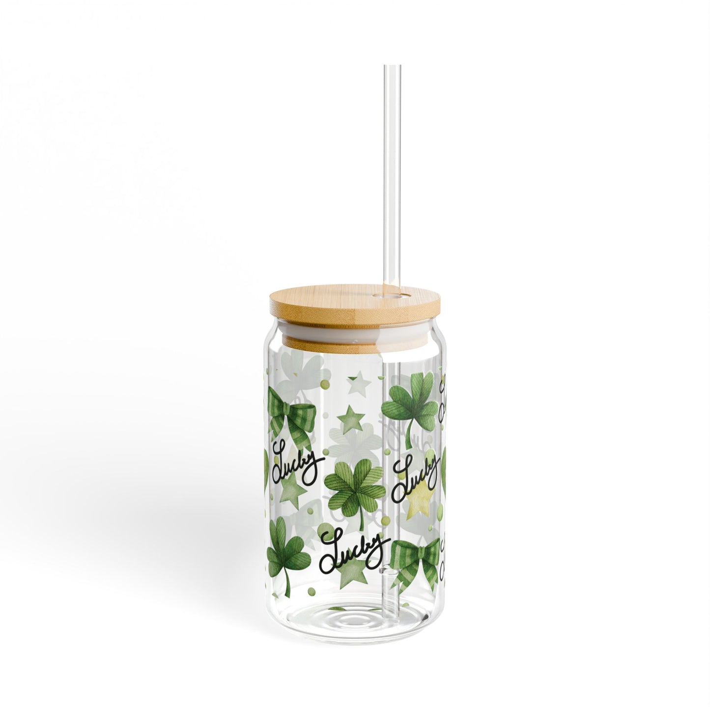 Lucky Shamrock Sipper Glass, 16oz - St. Patrick's Day Gift, Green Bows, Hearts, Irish Coffee Mug, Clover Pattern, Celebrate the Day