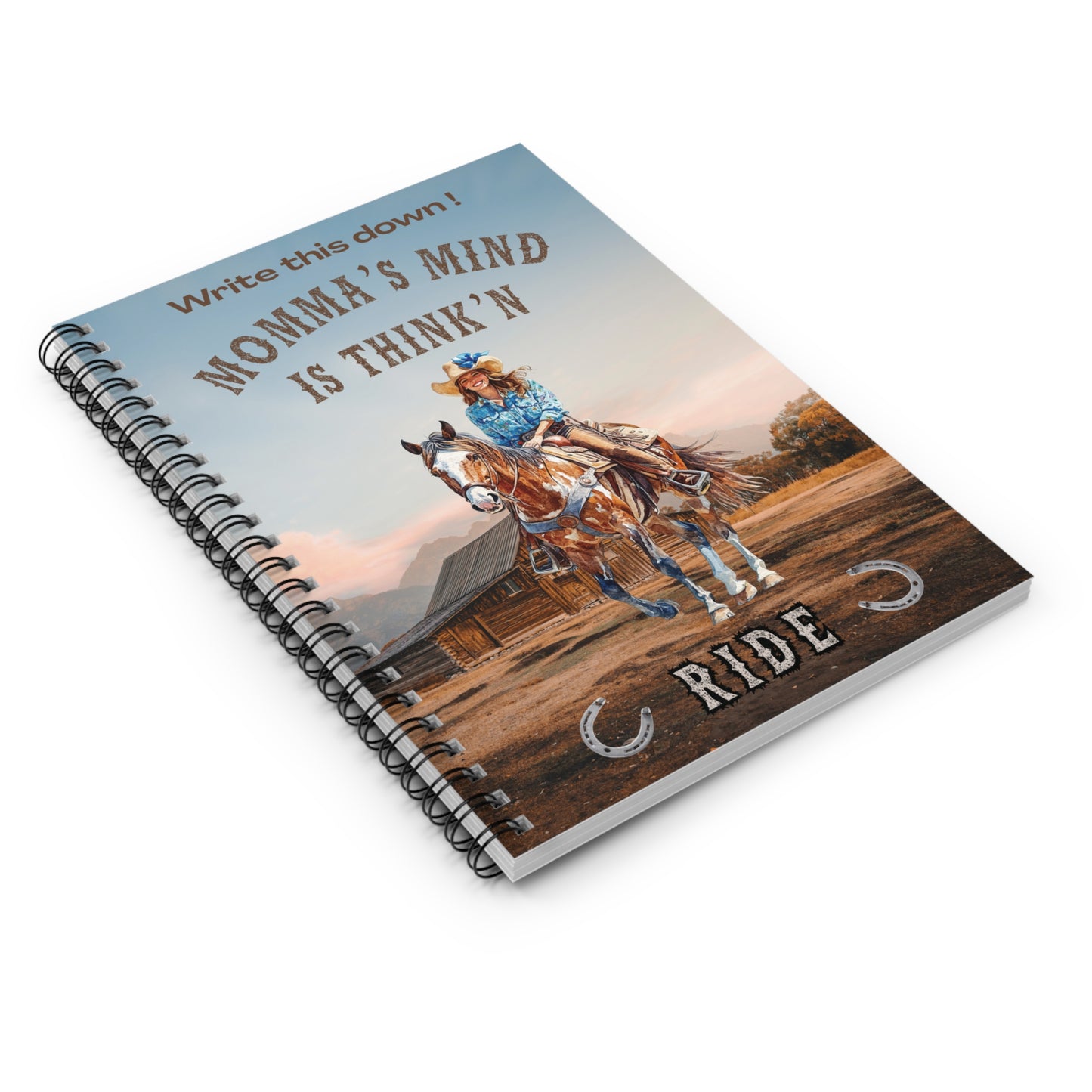 Personalized Western Cowgirl Notebook, Momma's Mind is Thinkn RIDE, spiral lined journal, Rustic horseback design