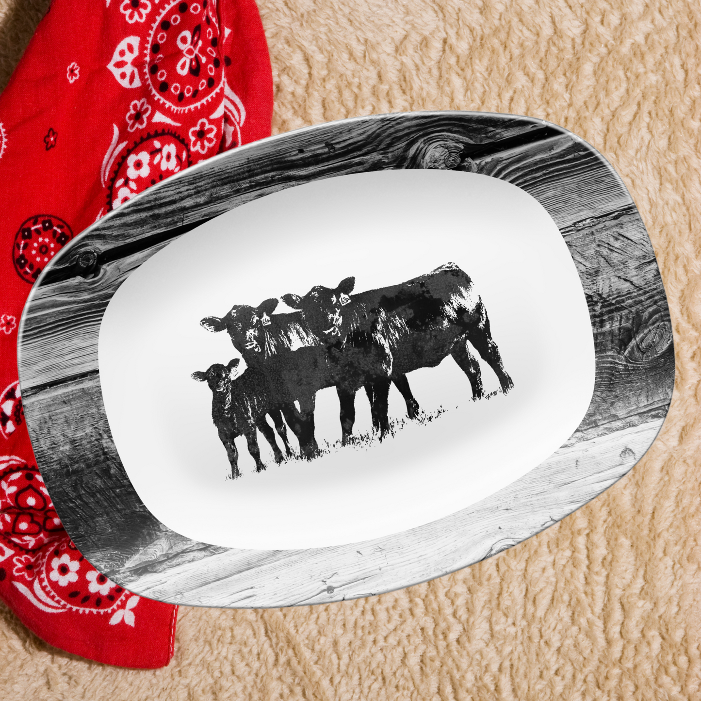 Black Angus Cow Platter, Farmhouse Serving Tray, Unbreakable,, Rustic Ranch Beef Deco, Ranch or Farm BBQ or entertaining