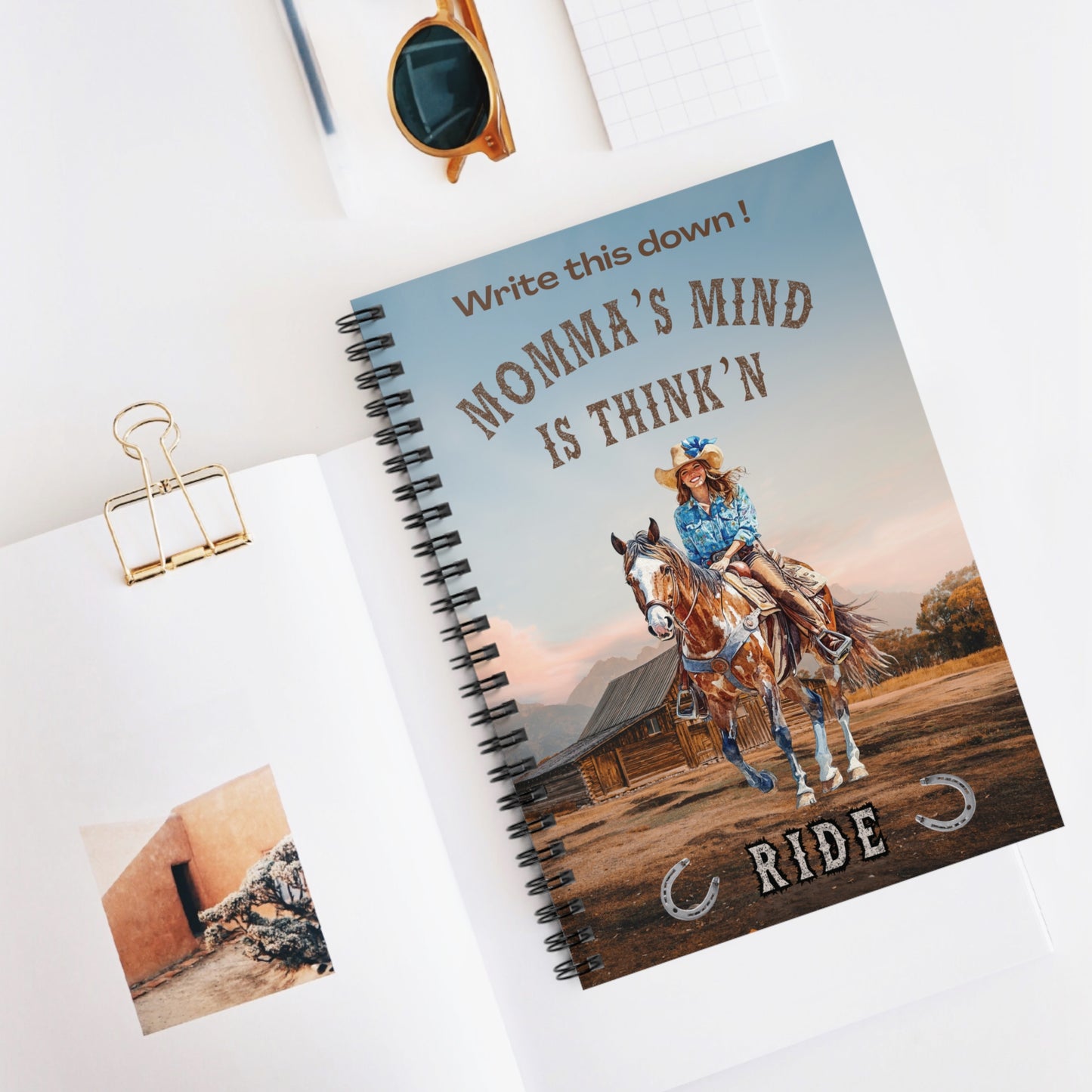 Personalized Western Cowgirl Notebook, Momma's Mind is Thinkn RIDE, spiral lined journal, Rustic horseback design