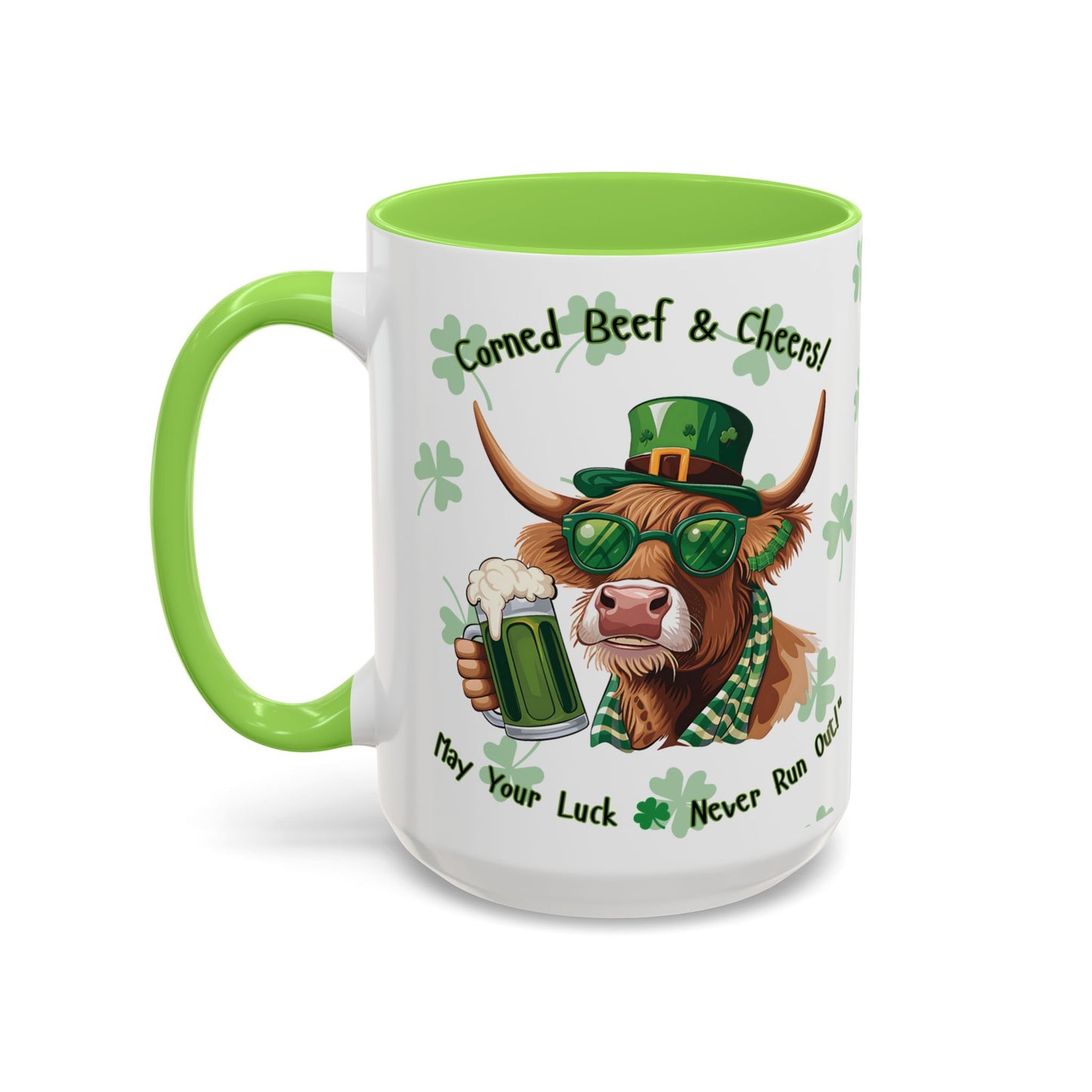 St. Patrick's Day Highlander Cow Mug - Lucky Cheers Coffee Cup Corned Beef, May Your Luck Never Run Out