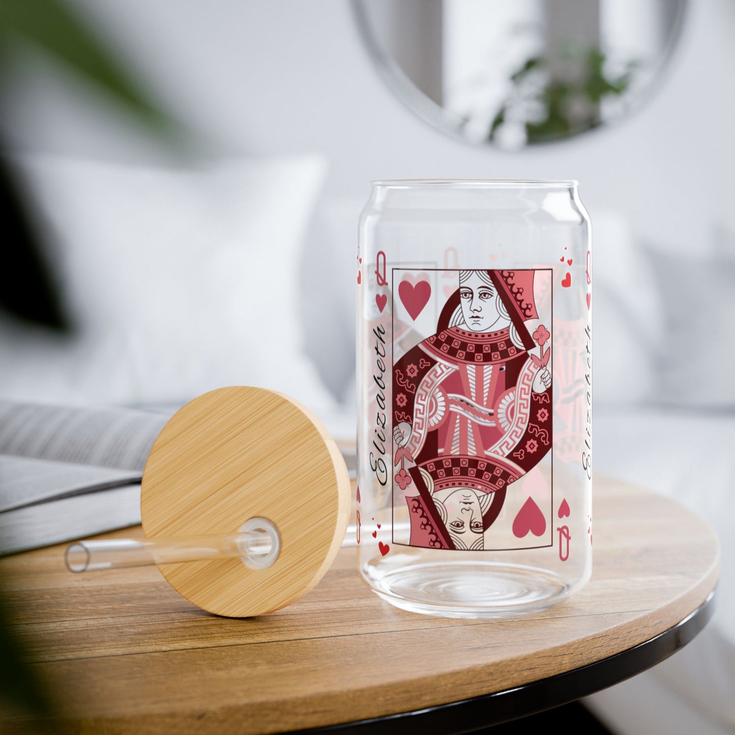 Personalized Queen of Hearts Sipper Glass, 16oz - Custom Playing Card Design, Queen of My Heart - Alternative: Custom Glass Tumbler, Unique