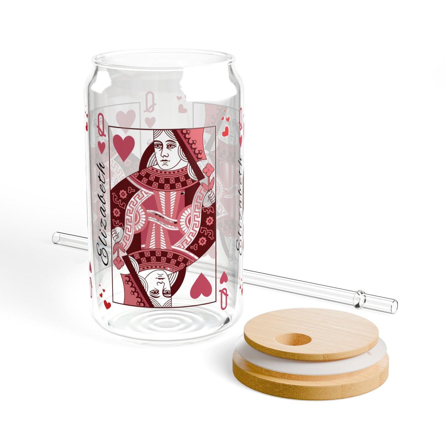 Personalized Queen of Hearts Sipper Glass, 16oz - Custom Playing Card Design, Queen of My Heart - Alternative: Custom Glass Tumbler, Unique