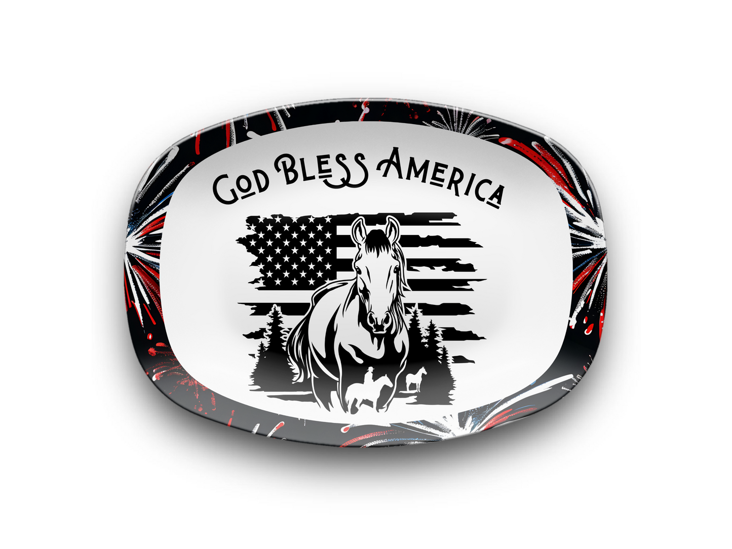 God Bless America Horse Platter, Unbreakable Patriotic Serving Tray Dinnerware, 4th of July Celebration, Ranch Cookouts, Farmhouse Platter