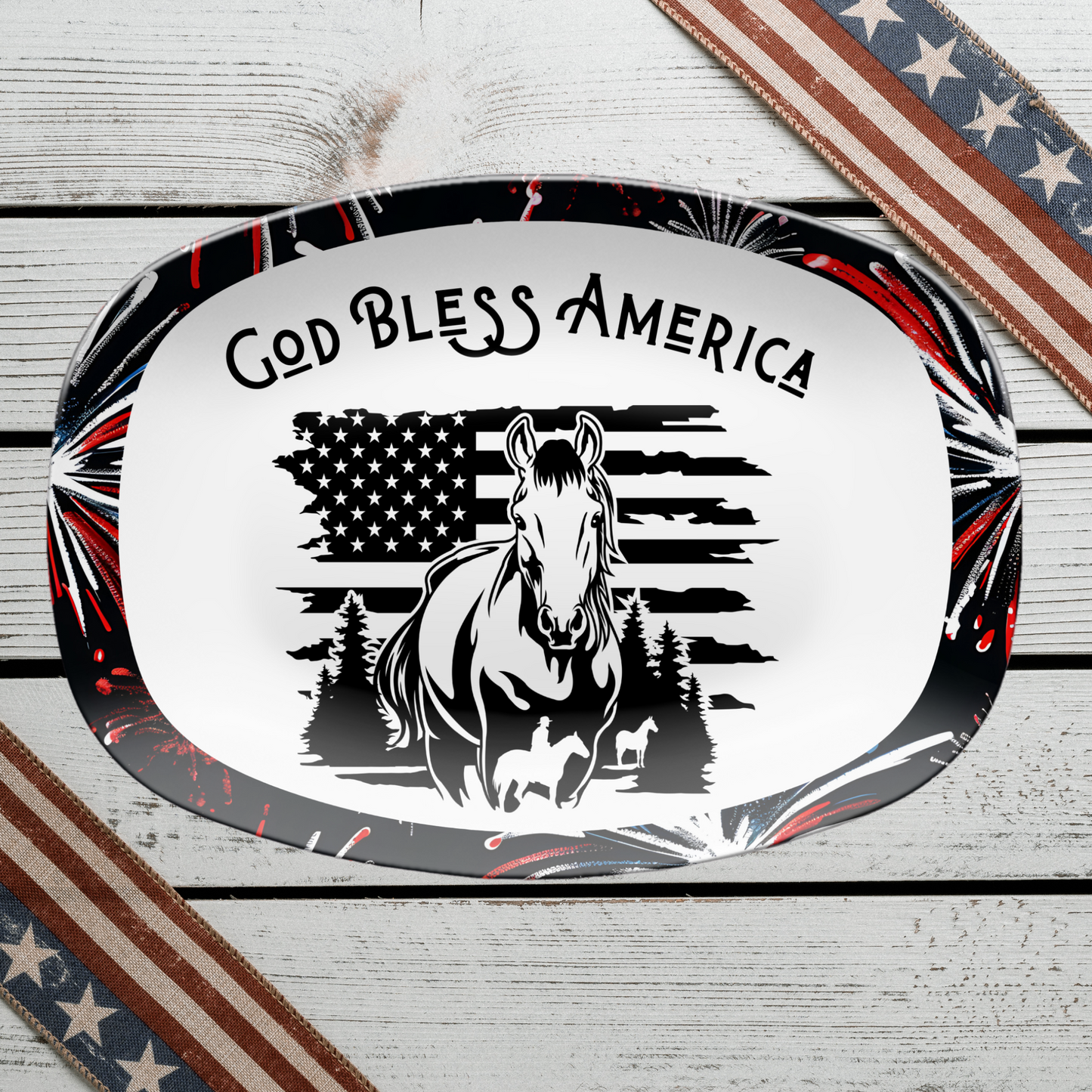 God Bless America Horse Platter, Unbreakable Patriotic Serving Tray Dinnerware, 4th of July Celebration, Ranch Cookouts, Farmhouse Platter