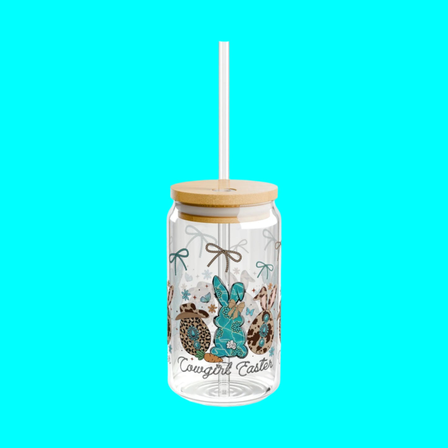 Cowgirl Easter 16 oz Glass Can with Straw – Turquoise Bunny, Rope Bows, Cow Print Eggs & Western Charm