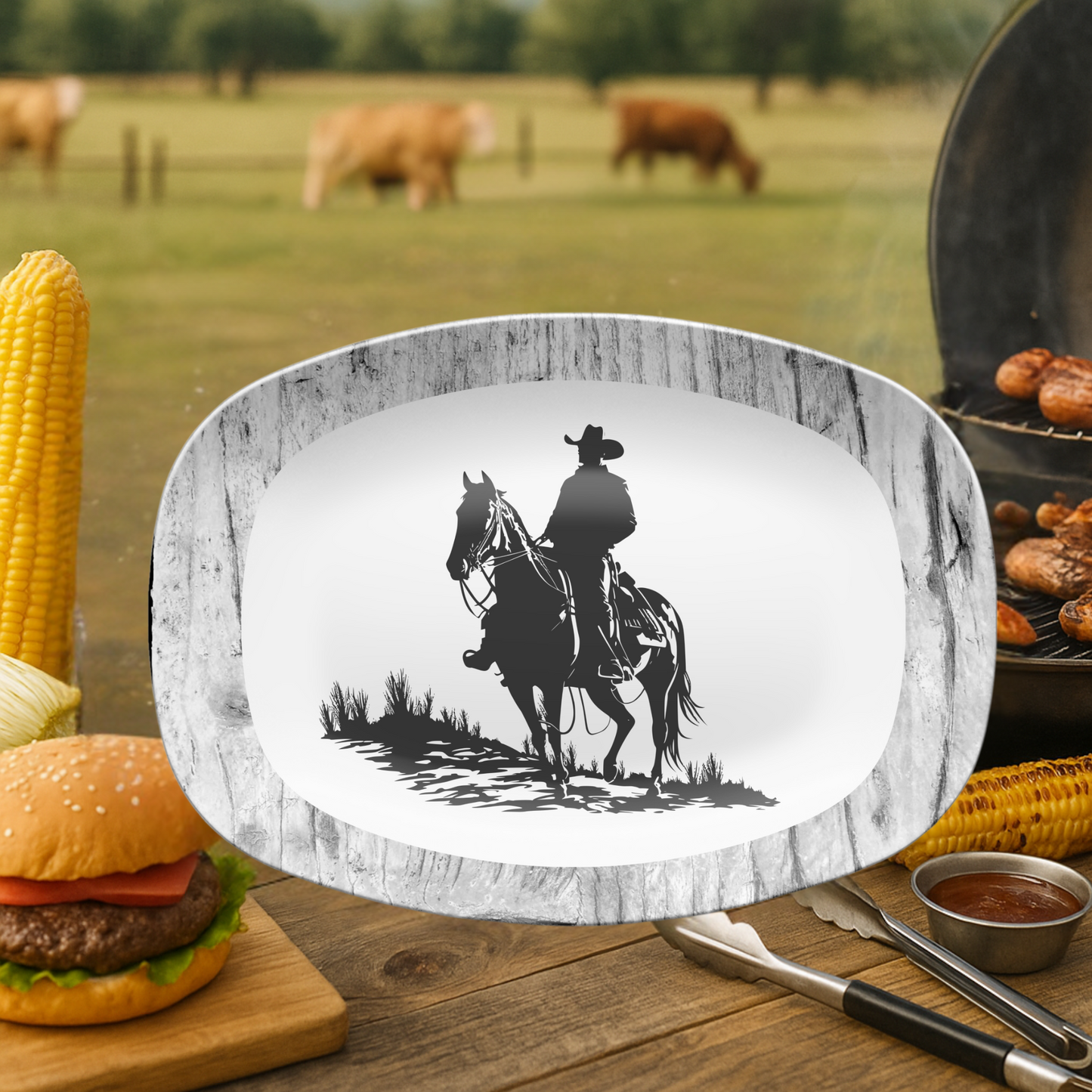 Western Cowboy Ranch Platter – Rustic Cowboy Horseback, Serving Dish for Country Kitchen & Farmhouse Decor, Country Kitchen Decor, Cowboy Gift