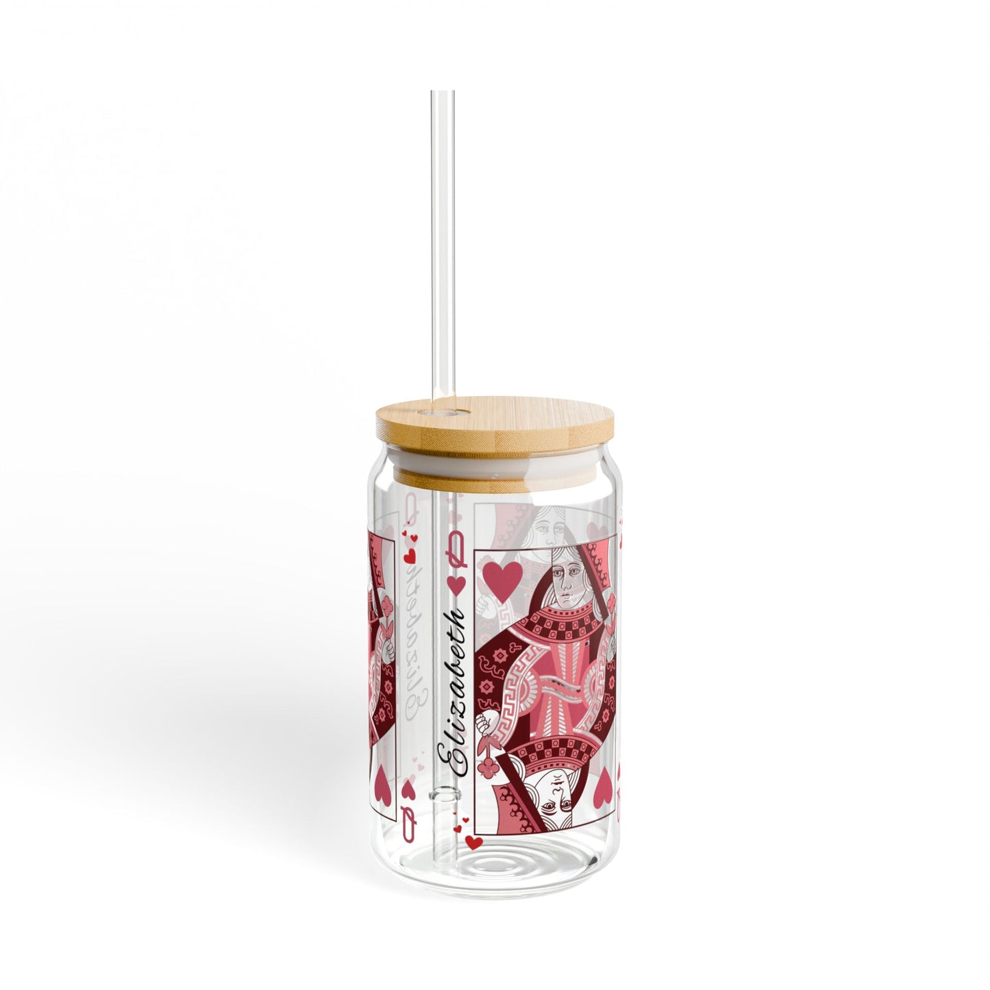 Personalized Queen of Hearts Sipper Glass, 16oz - Custom Playing Card Design, Queen of My Heart - Alternative: Custom Glass Tumbler, Unique