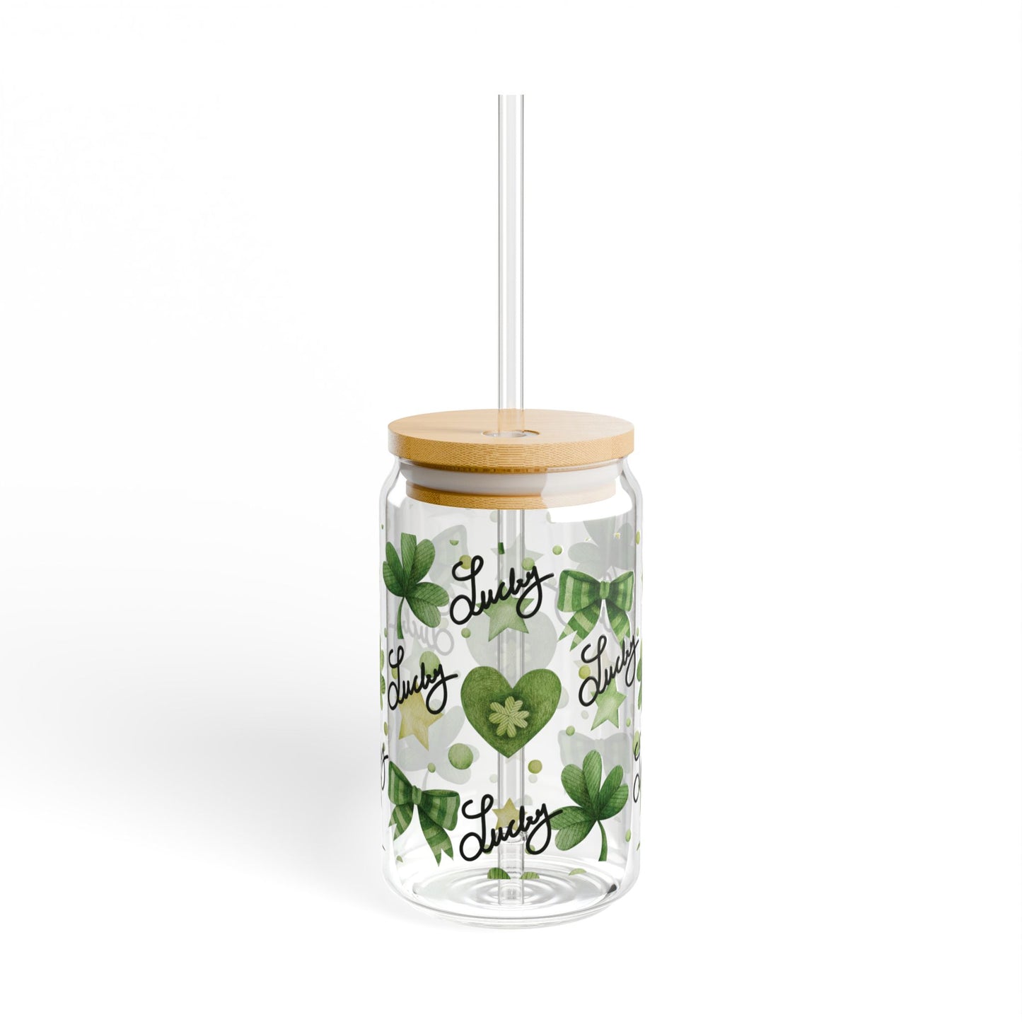 Lucky Shamrock Sipper Glass, 16oz - St. Patrick's Day Gift, Green Bows, Hearts, Irish Coffee Mug, Clover Pattern, Celebrate the Day