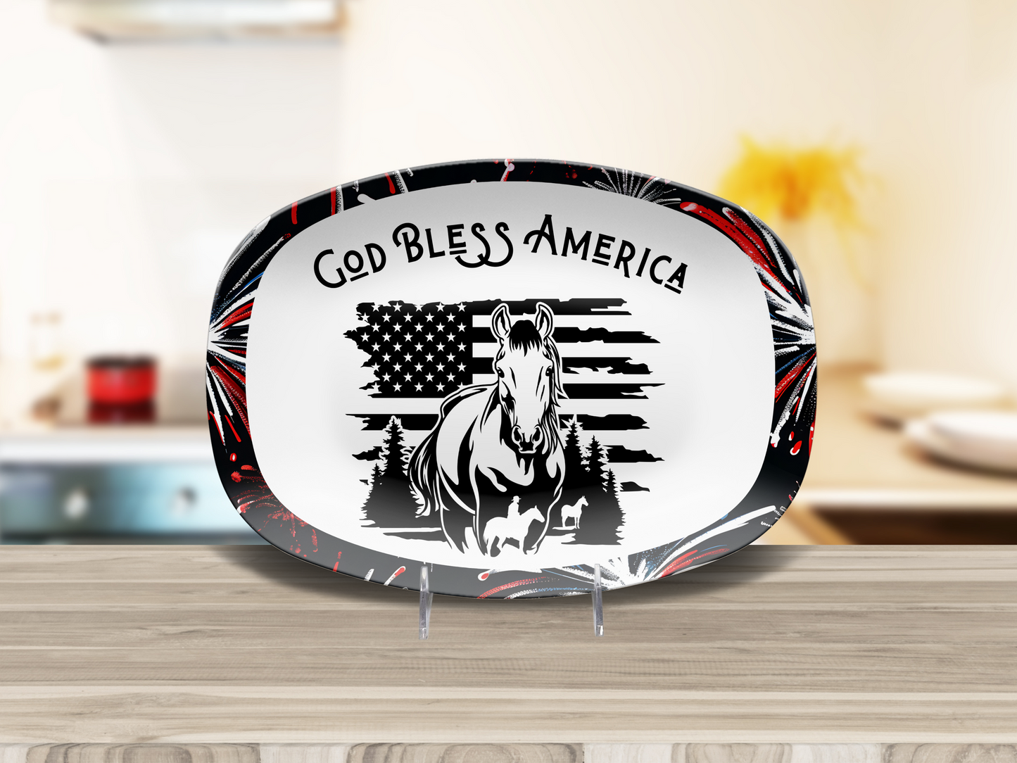 God Bless America Horse Platter, Unbreakable Patriotic Serving Tray Dinnerware, 4th of July Celebration, Ranch Cookouts, Farmhouse Platter