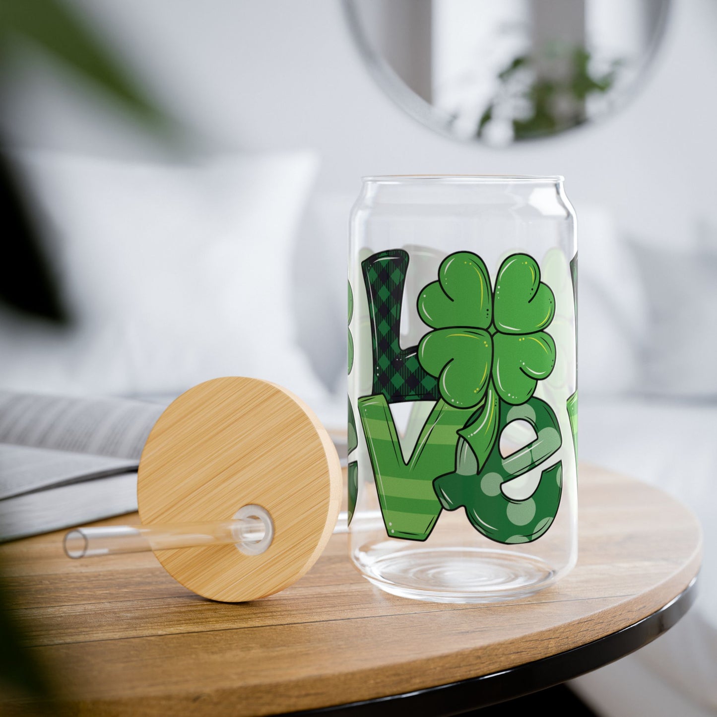 16oz St. Patrick's Day Sipper Glass with Clover Design "LOVE"