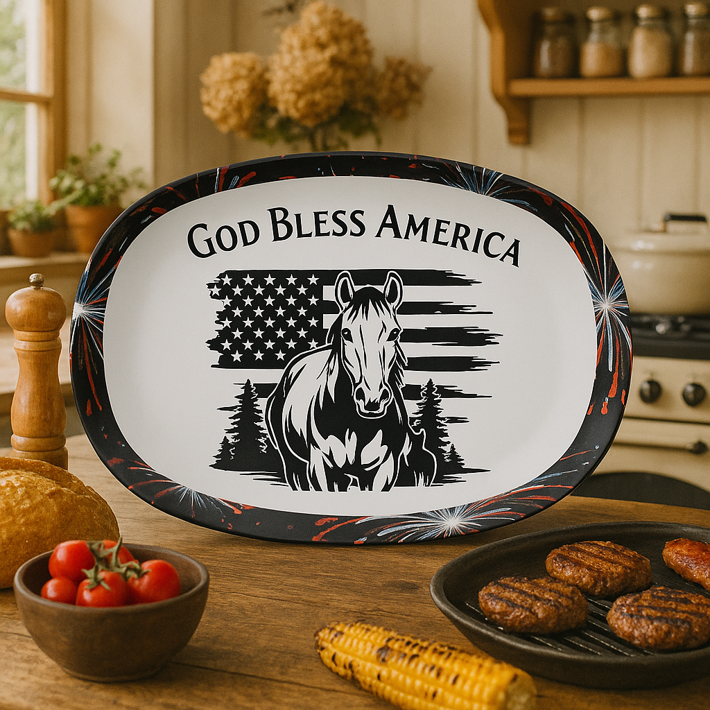 God Bless America Horse Platter, Unbreakable Patriotic Serving Tray Dinnerware, 4th of July Celebration, Ranch Cookouts, Farmhouse Platter
