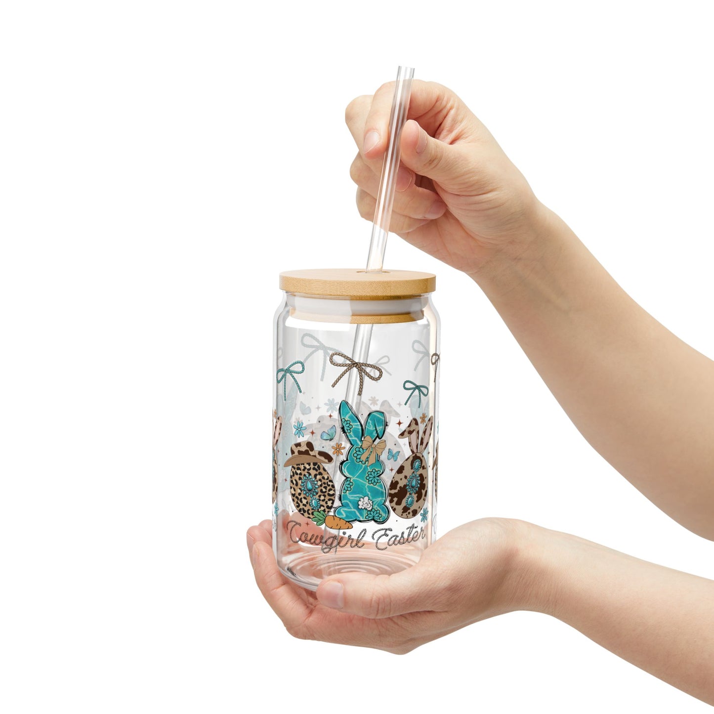 Cowgirl Easter 16 oz Glass Can with Straw – Turquoise Bunny, Rope Bows, Cow Print Eggs & Western Charm